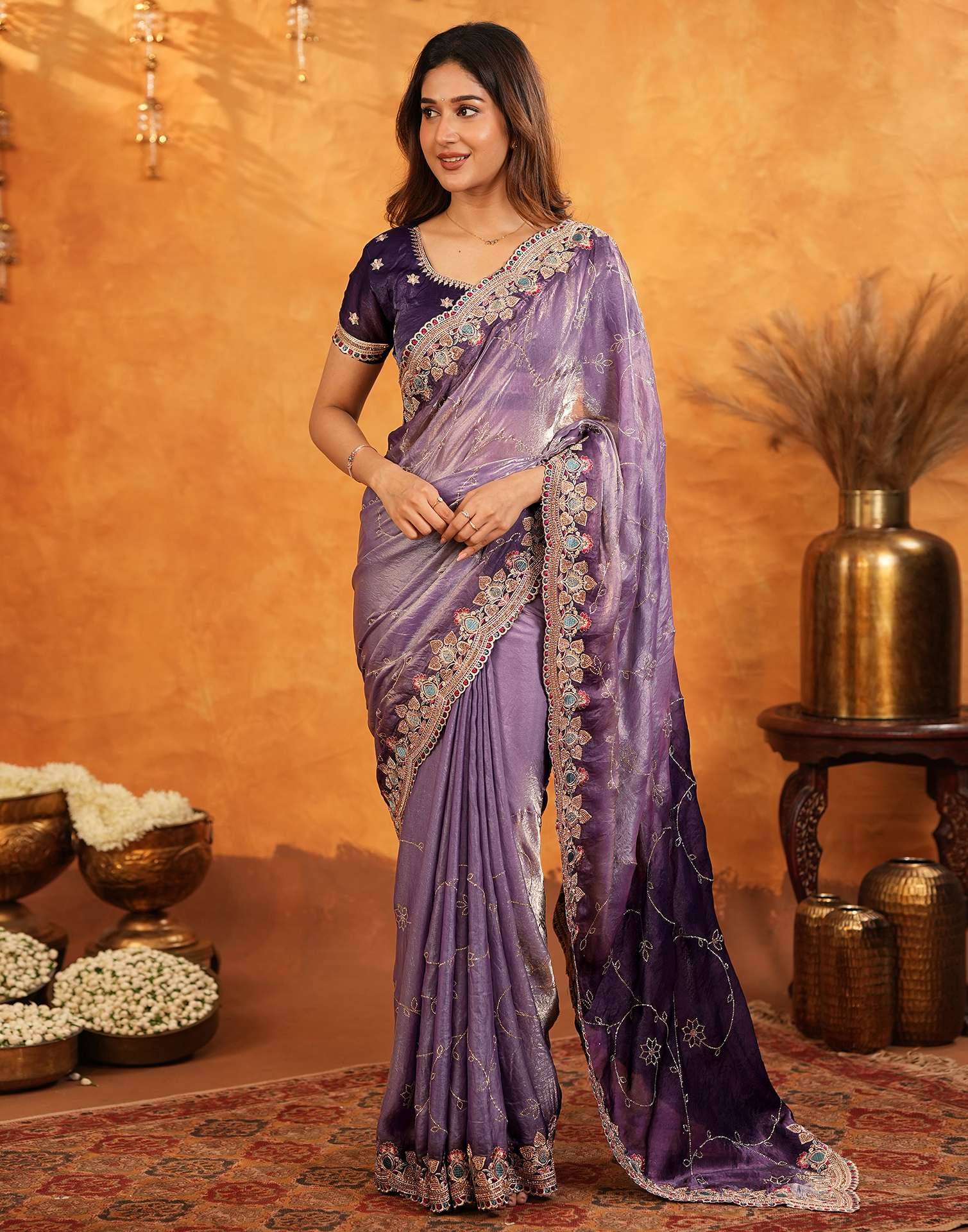 Purple Tissue Silk Stone Work Embroidery Saree - Image 6