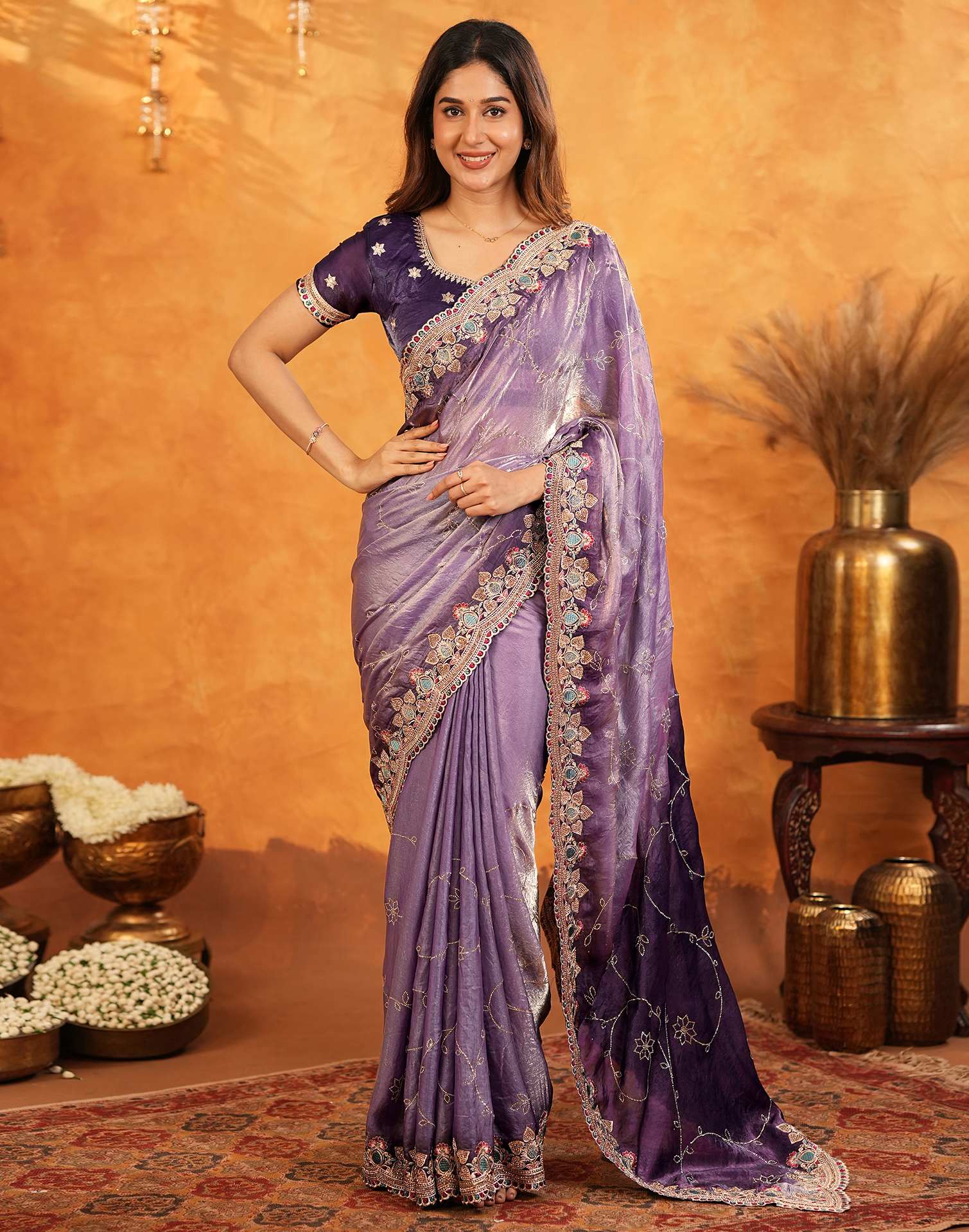 Purple Tissue Silk Stone Work Embroidery Saree - Image 7