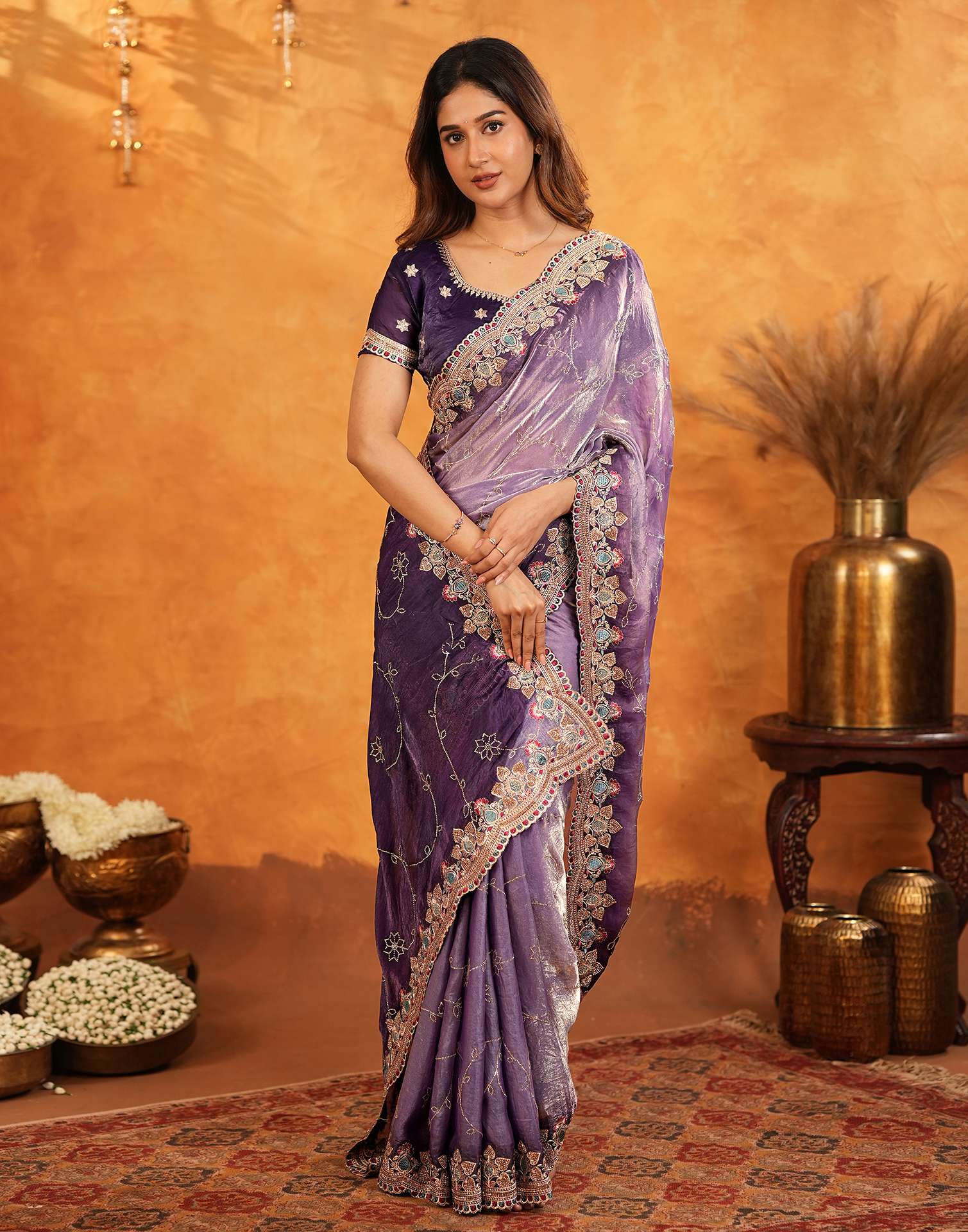 Purple Tissue Silk Stone Work Embroidery Saree - Image 9