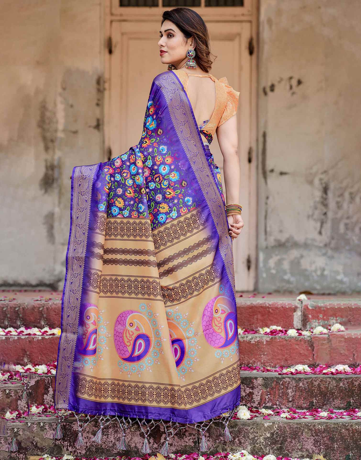 Purple Tussar Silk Printed Saree - Image 5