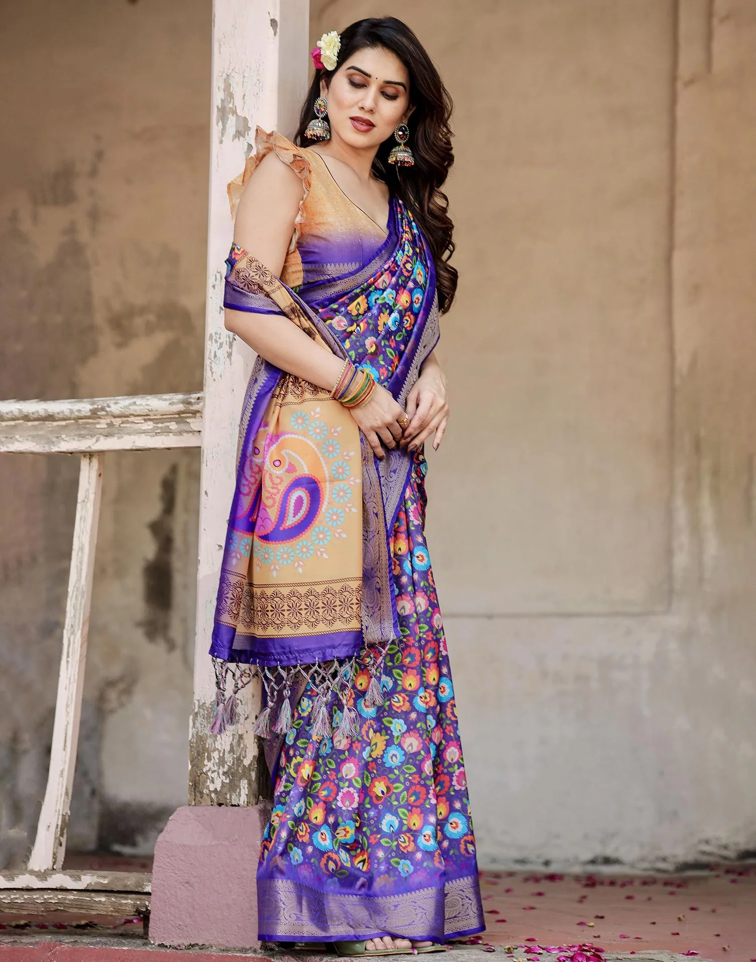 Purple Tussar Silk Printed Saree - Image 6