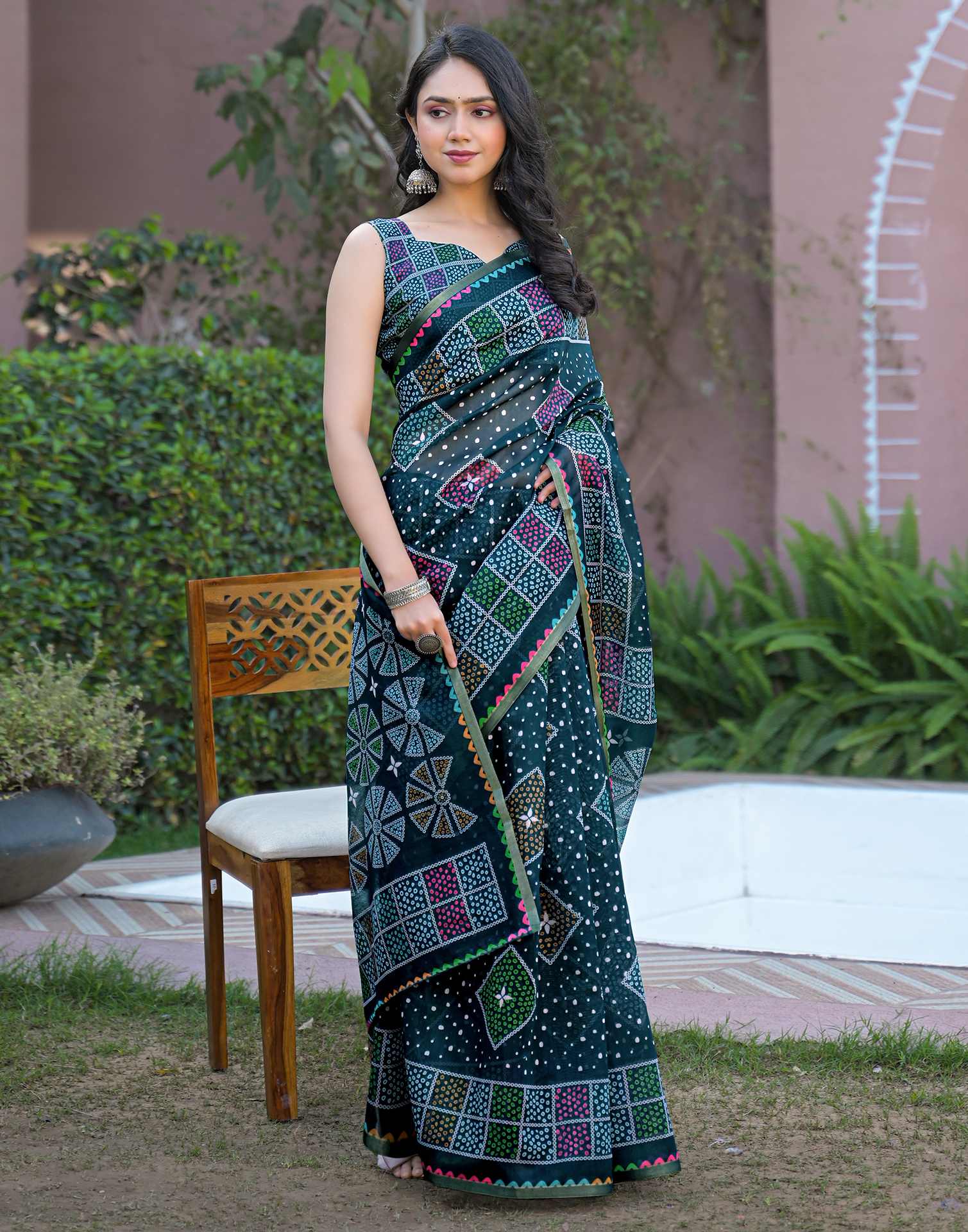 Rama Blue Chanderi Bandhani Printed Saree - Image 4