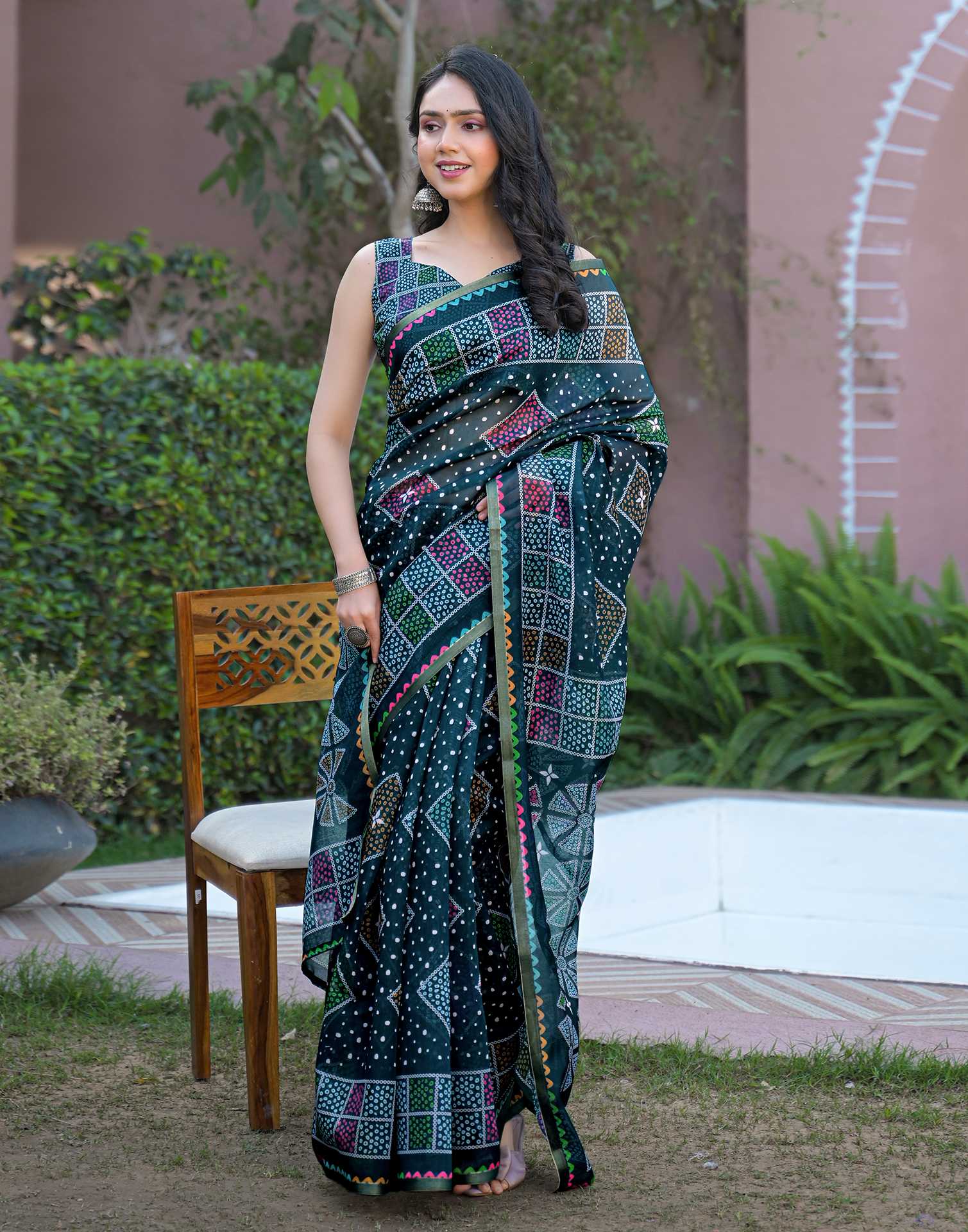 Rama Blue Chanderi Bandhani Printed Saree - Image 5