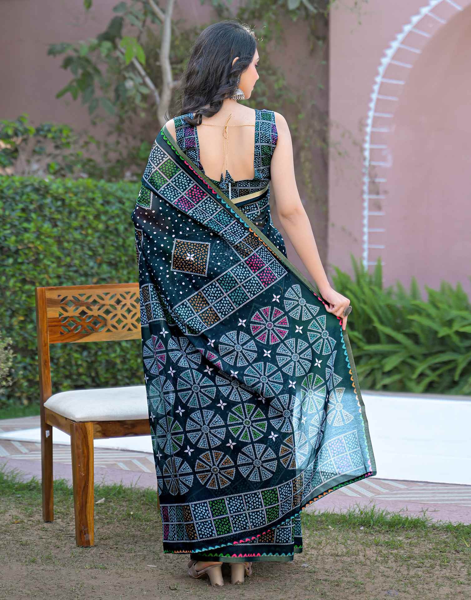 Rama Blue Chanderi Bandhani Printed Saree - Image 6