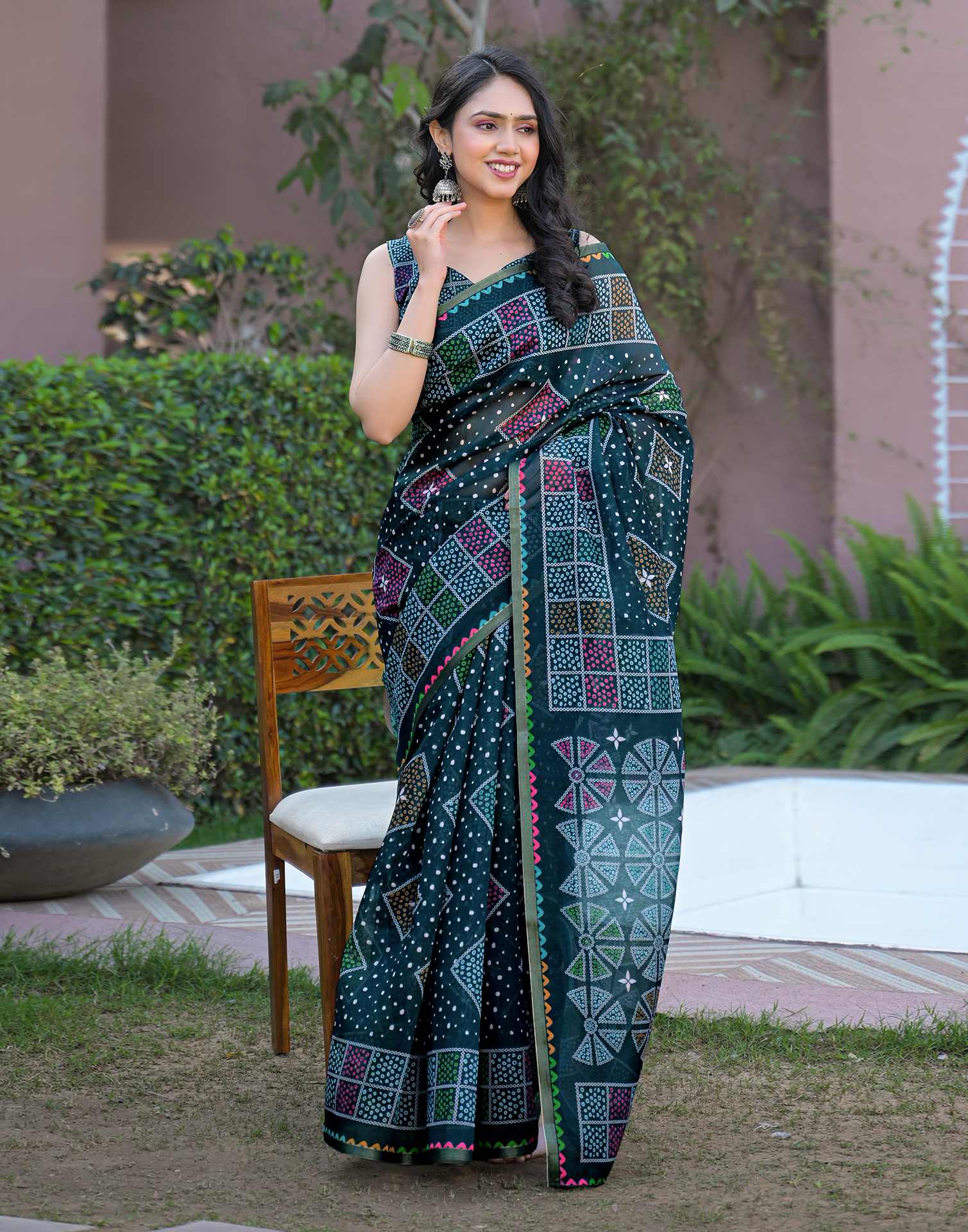Rama Blue Chanderi Bandhani Printed Saree - Image 7
