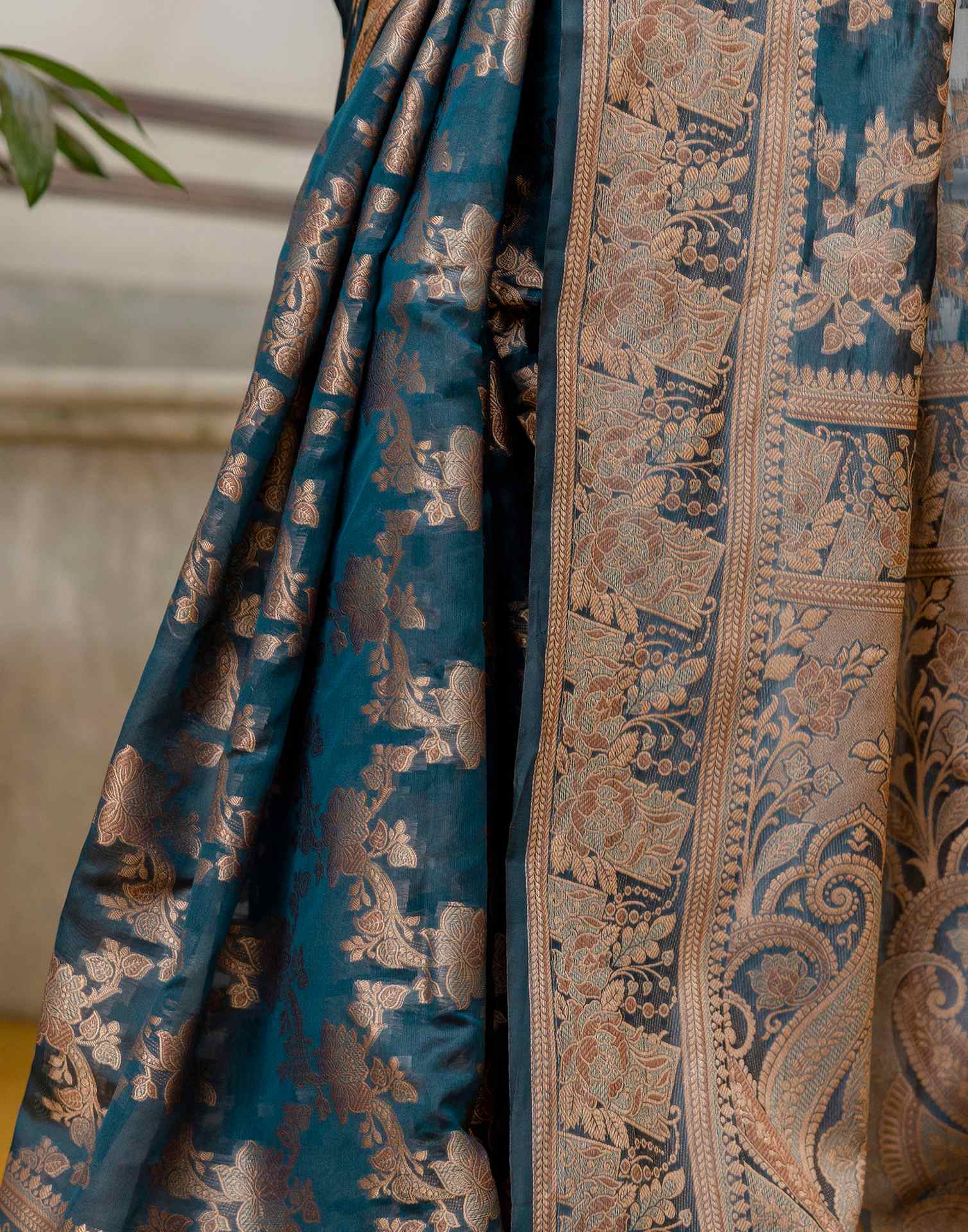 Rama Blue Chanderi Woven Banarasi Saree - Image 12