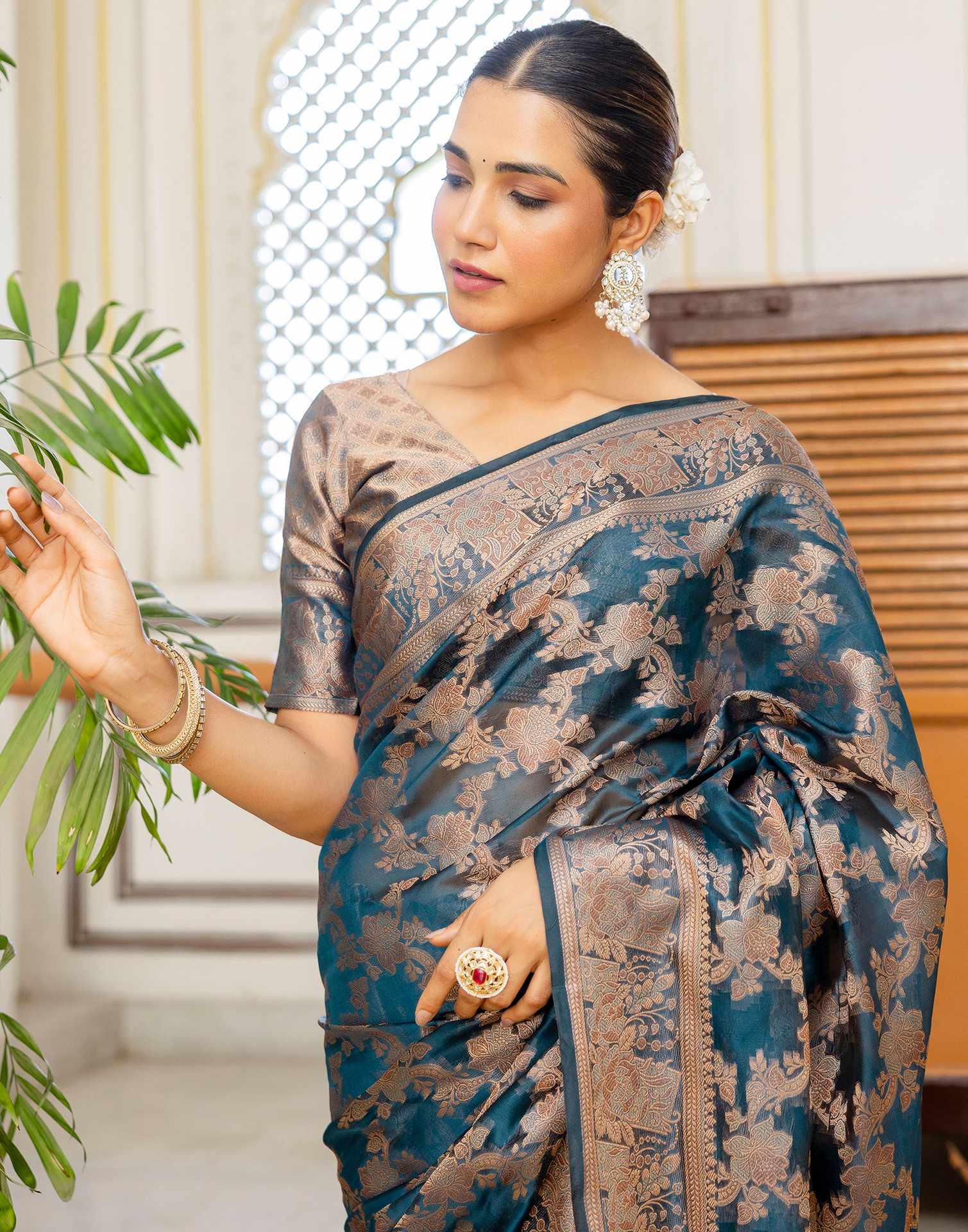 Rama Blue Chanderi Woven Banarasi Saree - Image 4