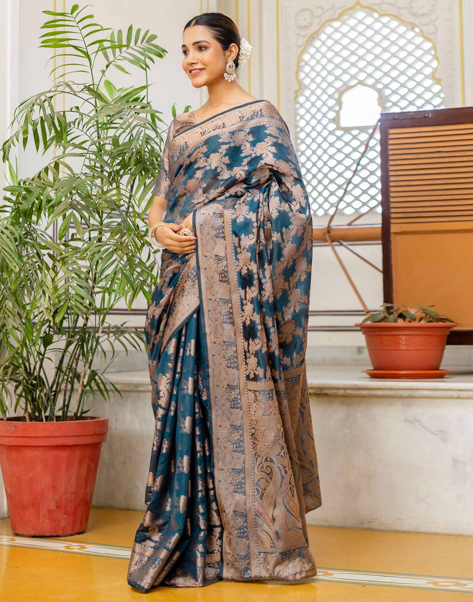 Rama Blue Chanderi Woven Banarasi Saree - Image 5