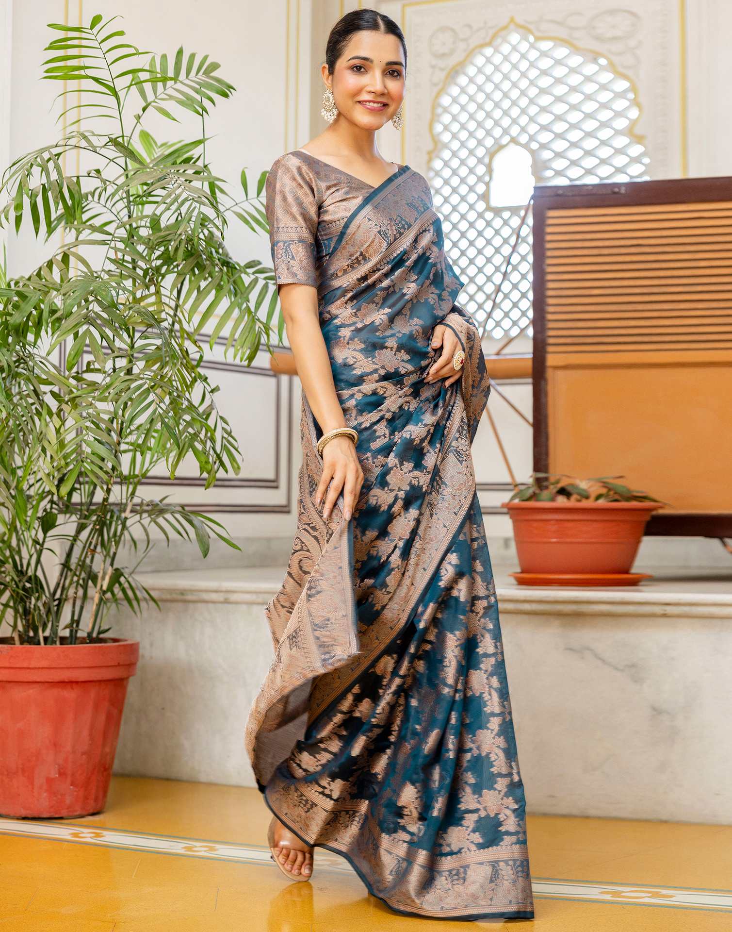 Rama Blue Chanderi Woven Banarasi Saree - Image 6