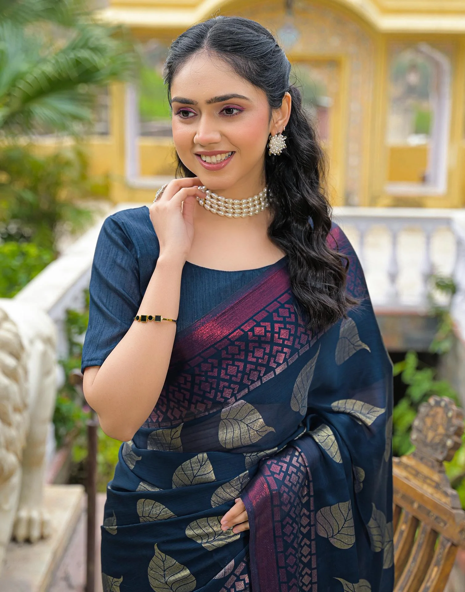 Rama Blue Chiffon Foil Printed Saree - Image 2