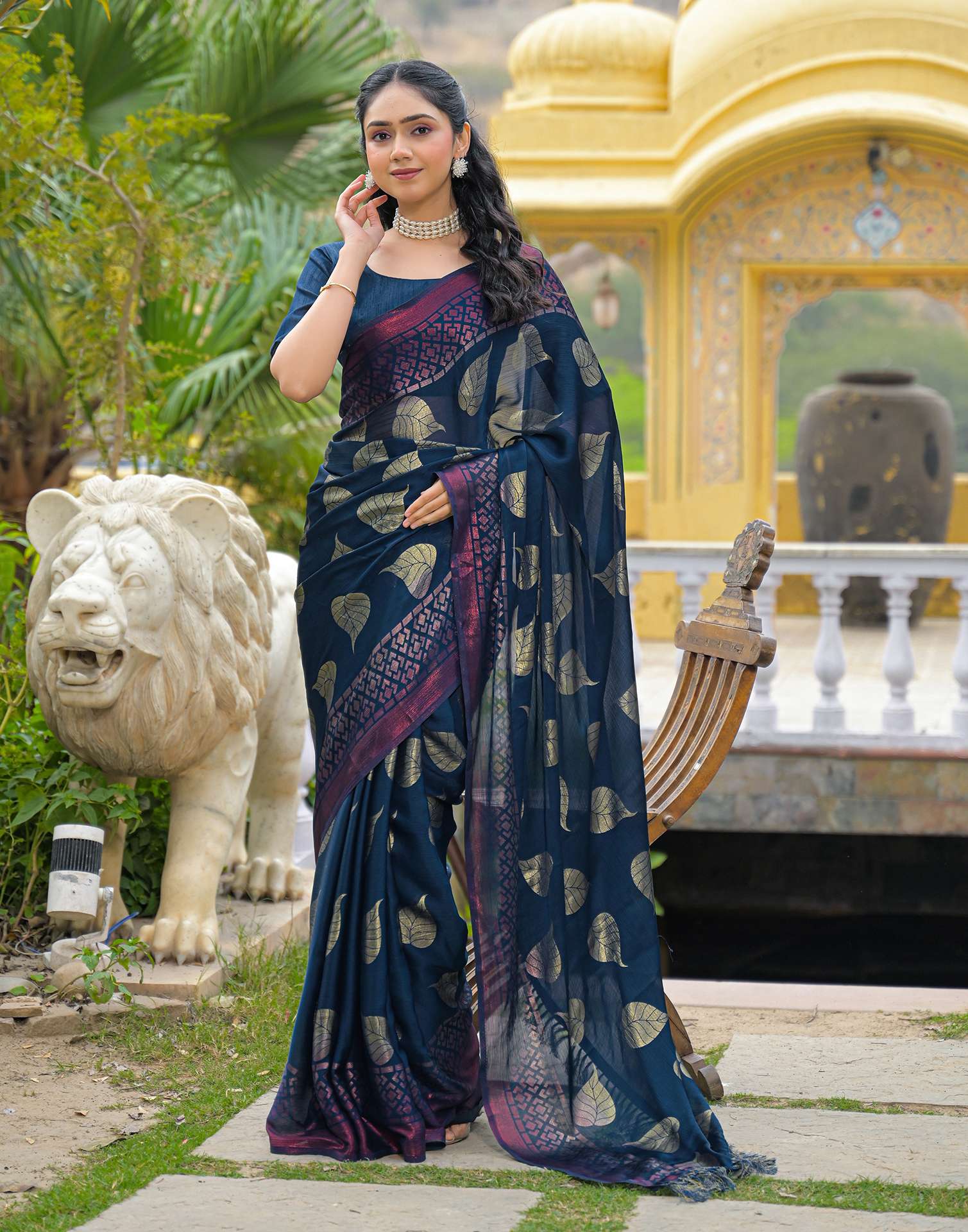 Rama Blue Chiffon Foil Printed Saree - Image 4