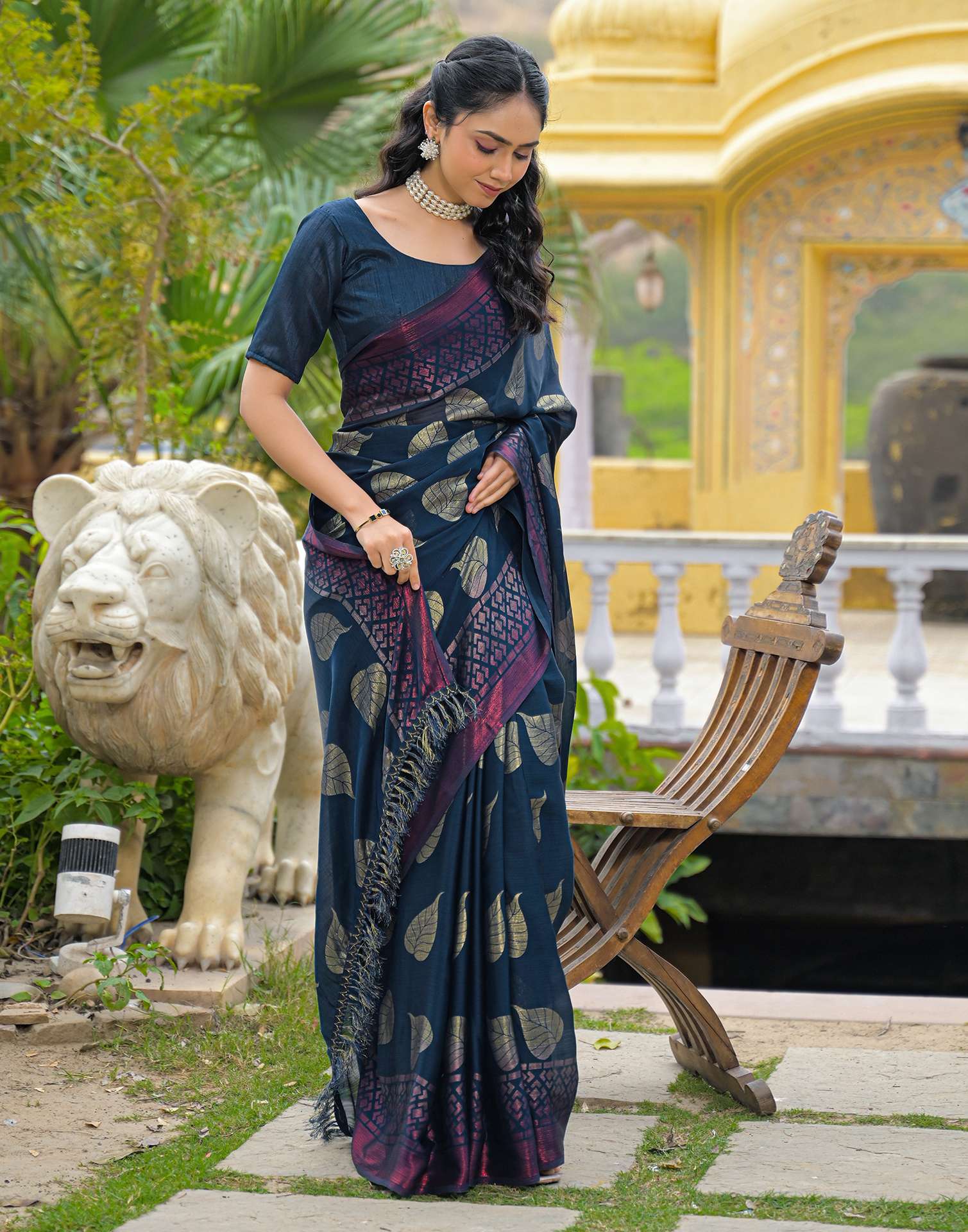 Rama Blue Chiffon Foil Printed Saree - Image 5