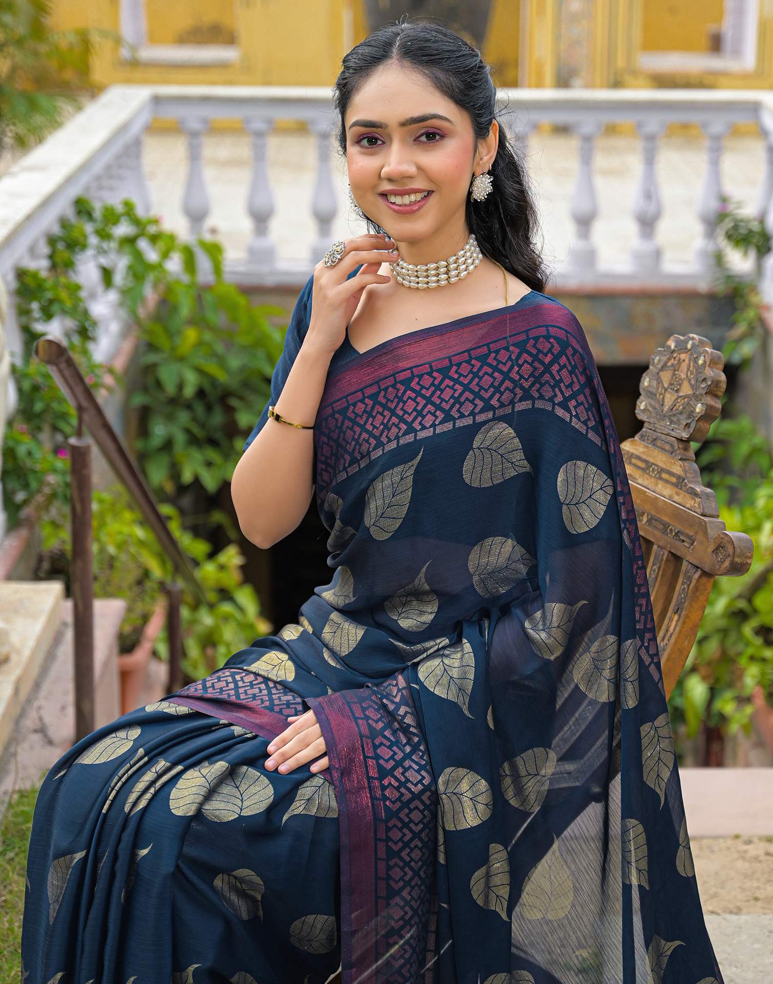 Rama Blue Chiffon Foil Printed Saree - Image 7