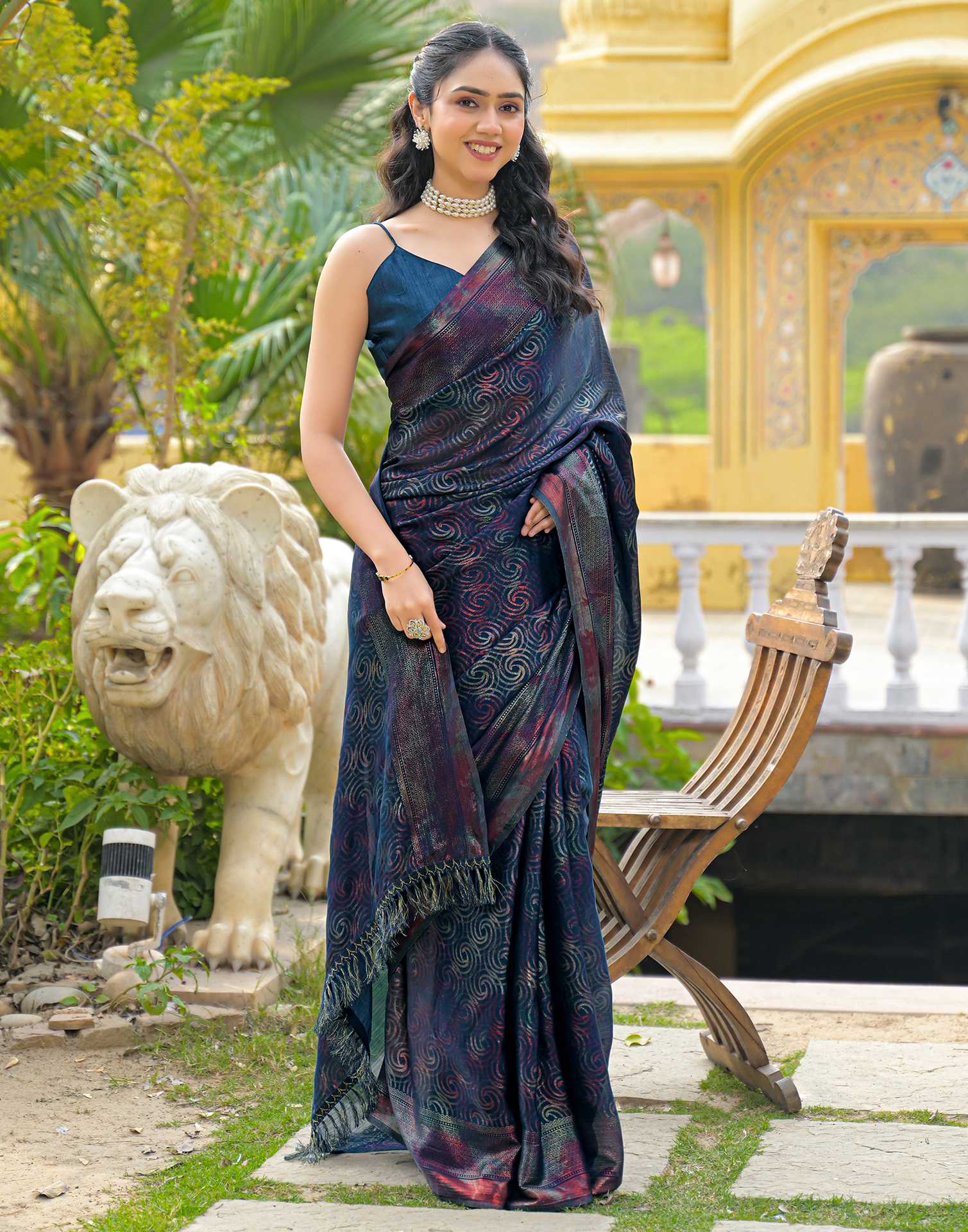 Rama Blue Chiffon Foil Printed Saree - Image 6