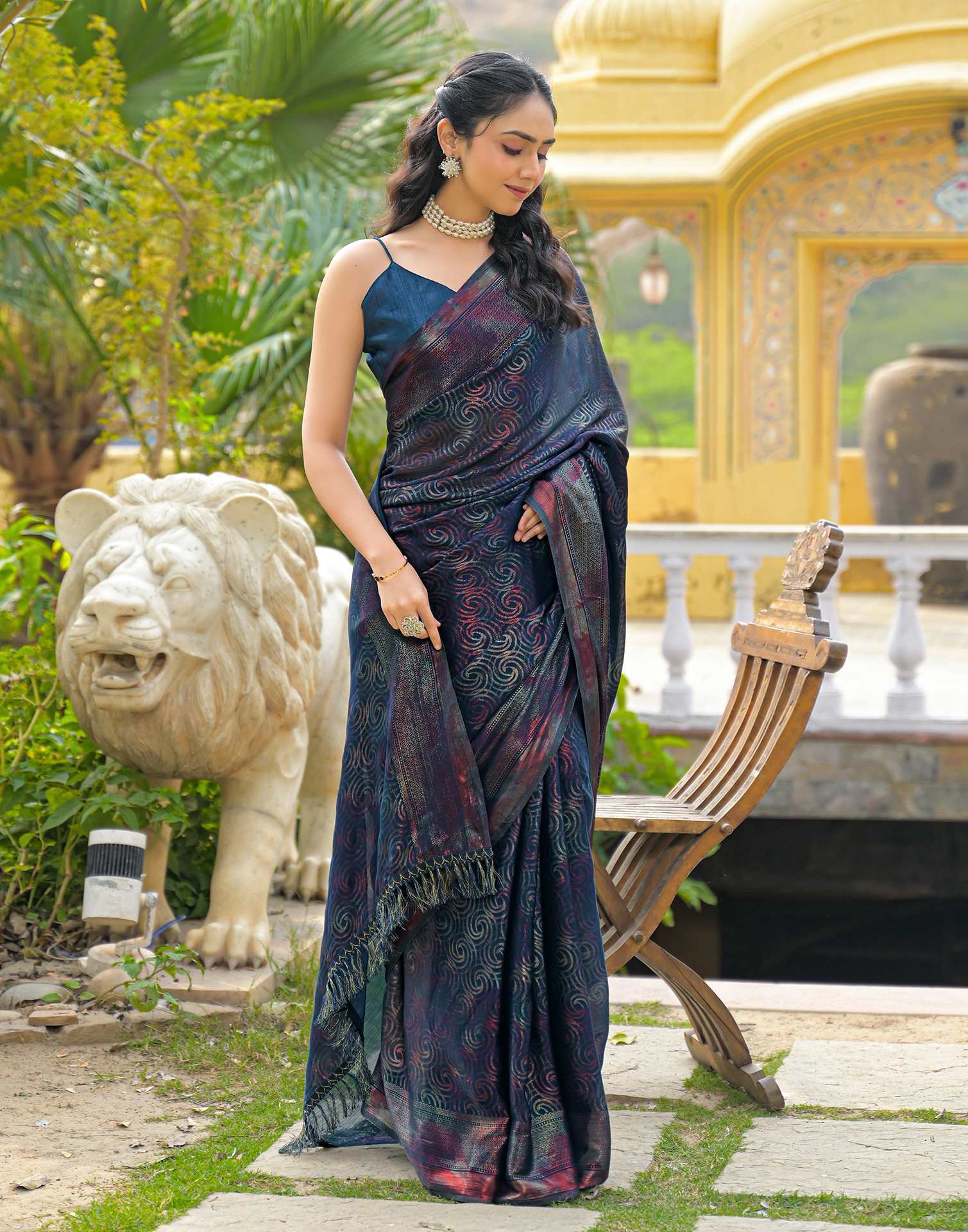 Rama Blue Chiffon Foil Printed Saree - Image 8