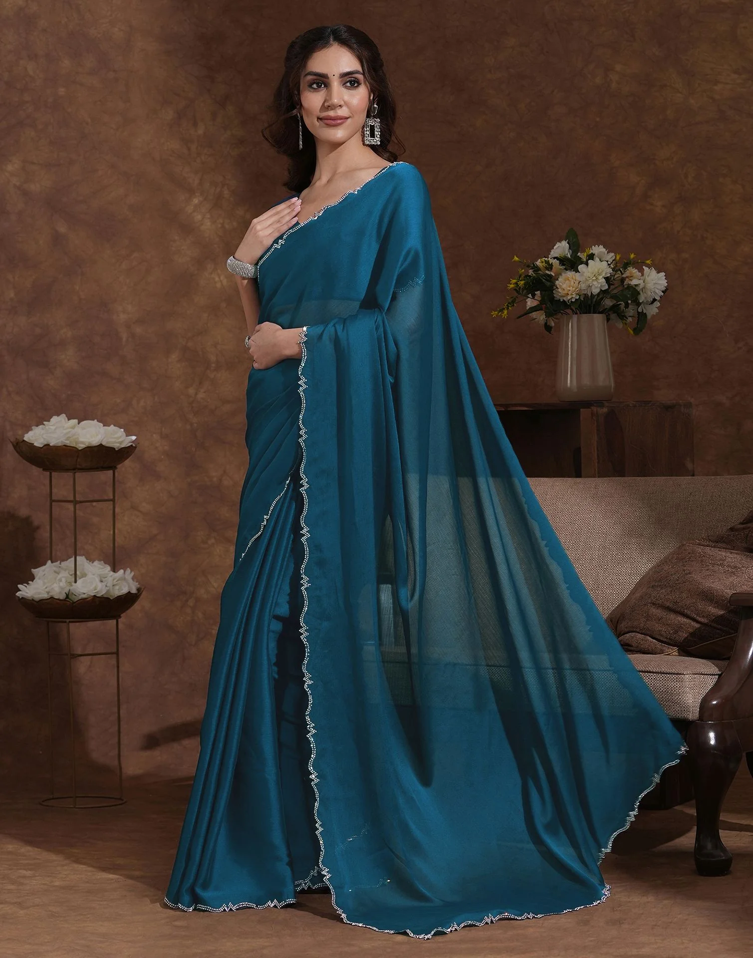 Rama Blue Chiffon Stone Work Swarovski Saree - Image 4