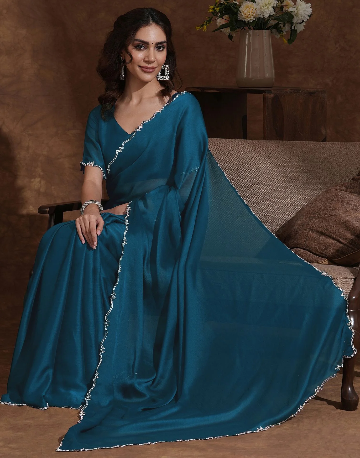 Rama Blue Chiffon Stone Work Swarovski Saree - Image 5