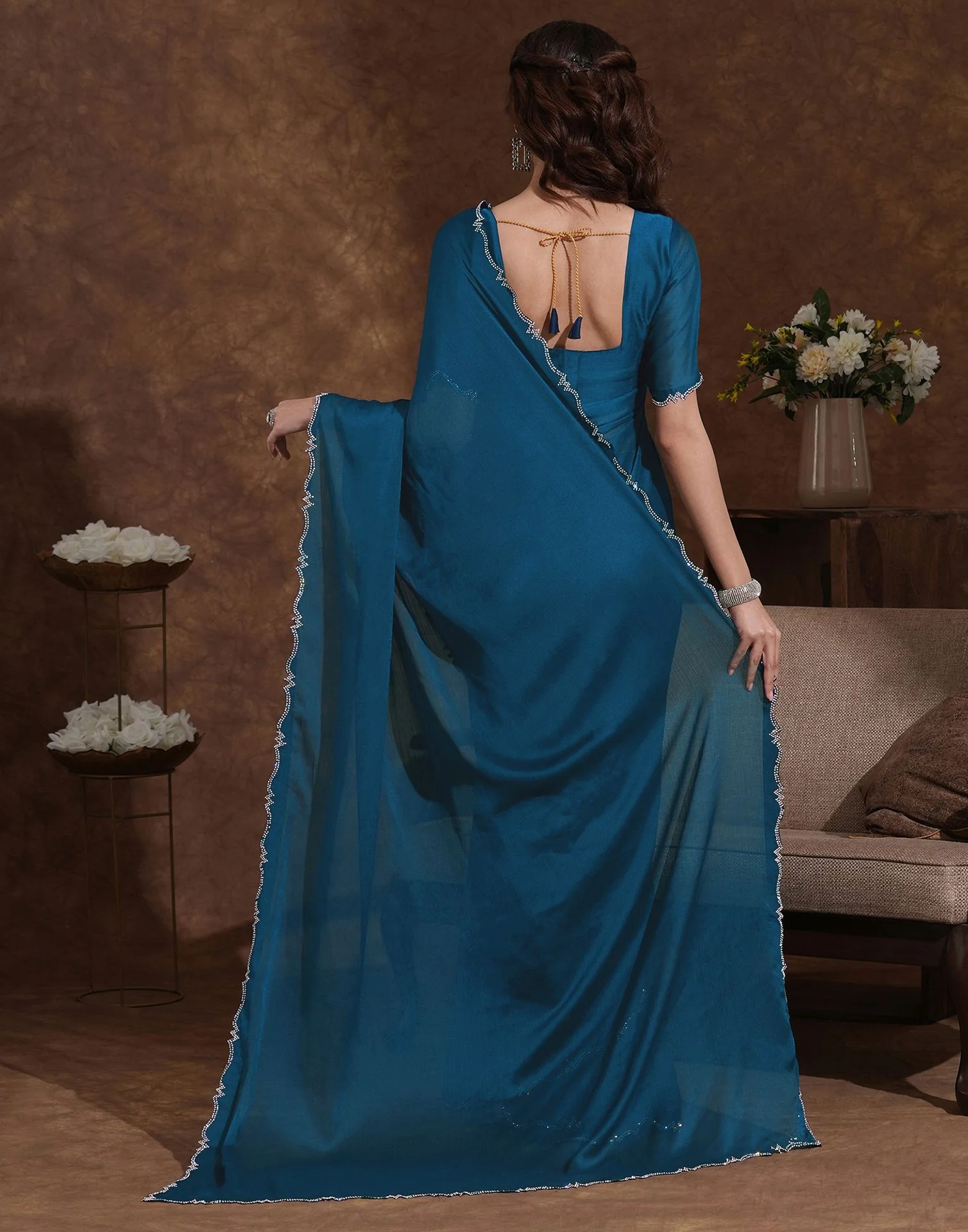 Rama Blue Chiffon Stone Work Swarovski Saree - Image 6