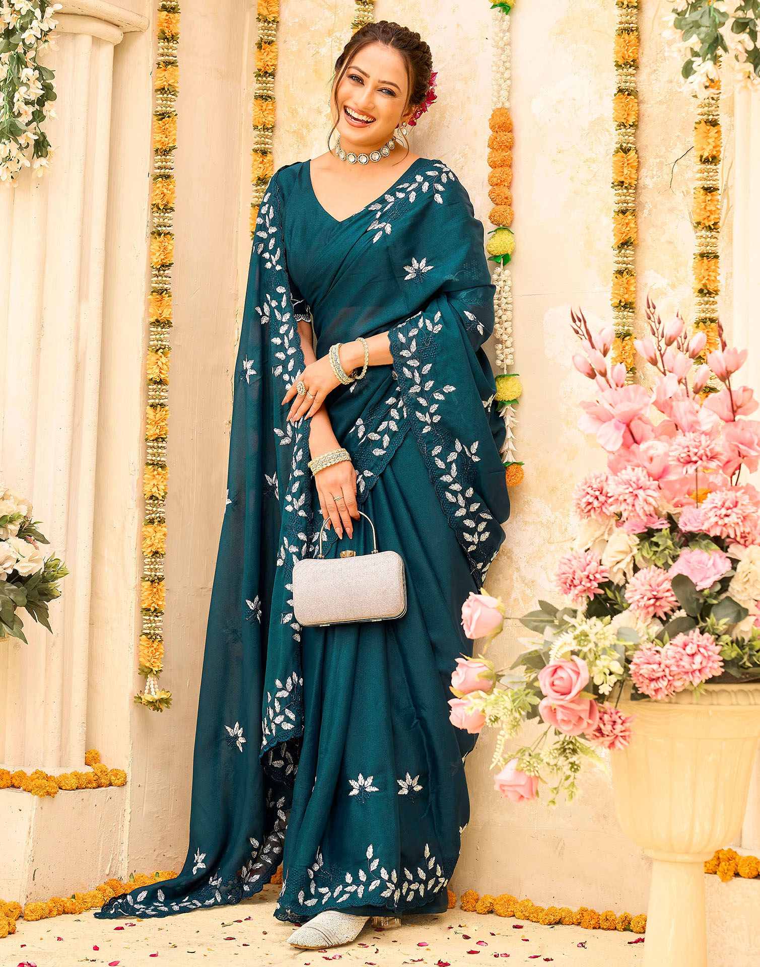 Rama Blue Georgette Embroidery Saree - Image 2