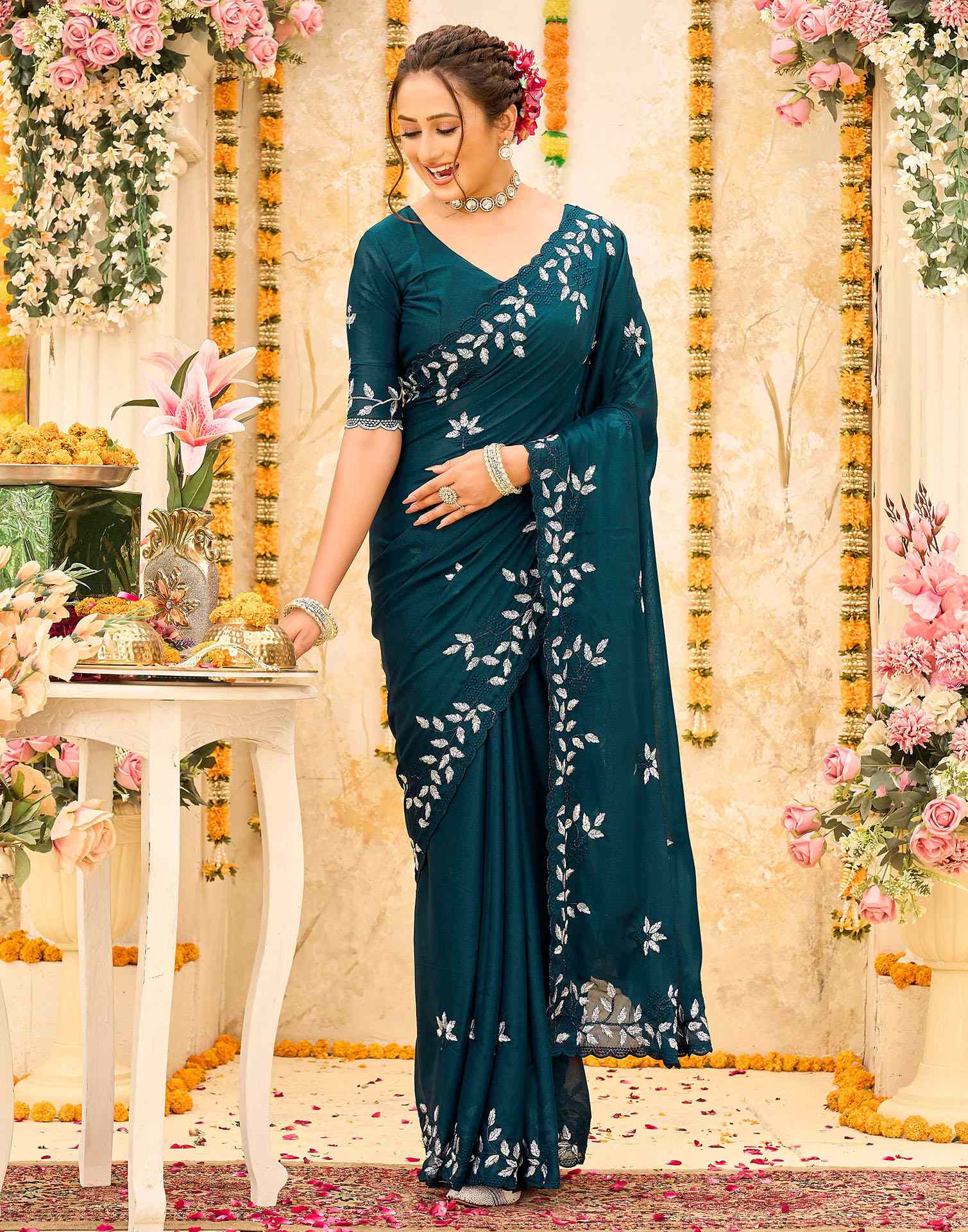 Rama Blue Georgette Embroidery Saree - Image 3