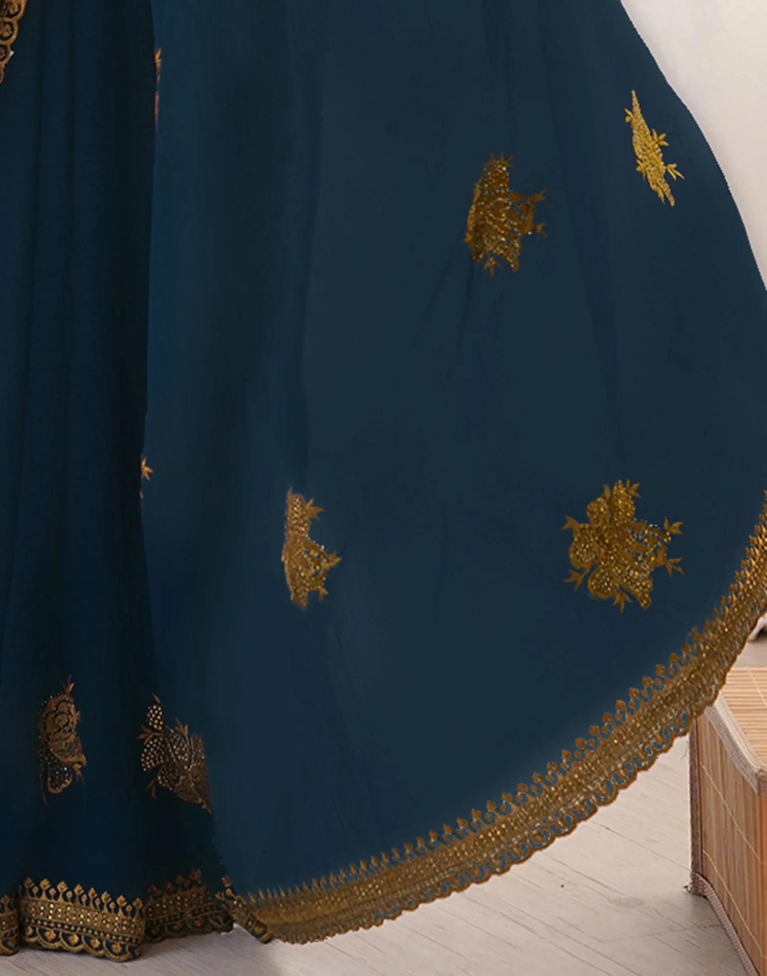 Rama Blue Georgette Embroidery Saree - Image 10
