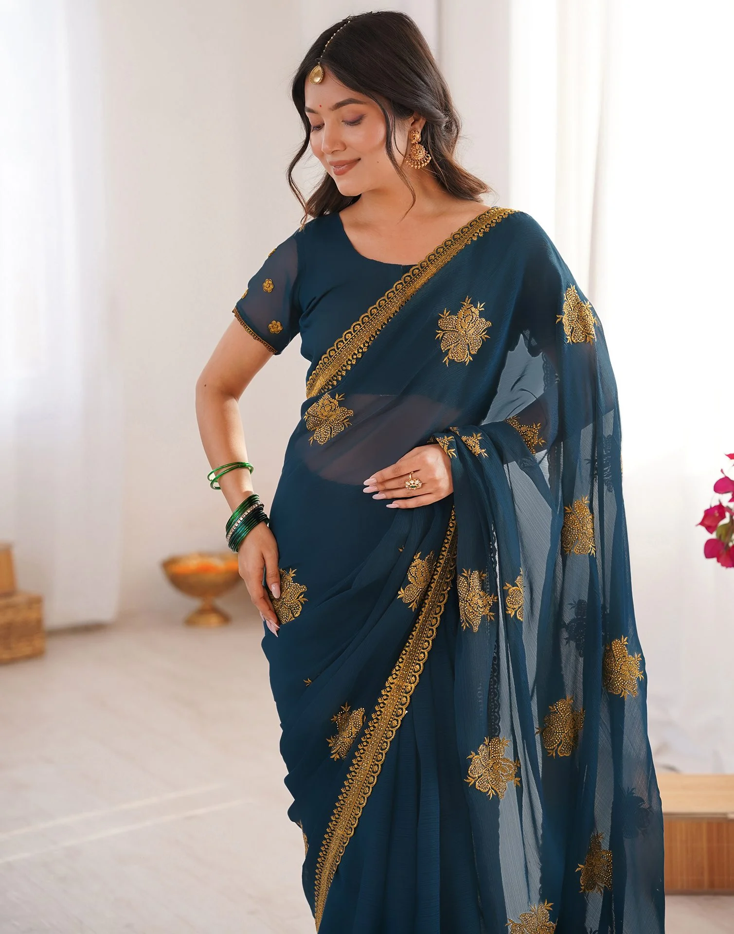 Rama Blue Georgette Embroidery Saree - Image 2