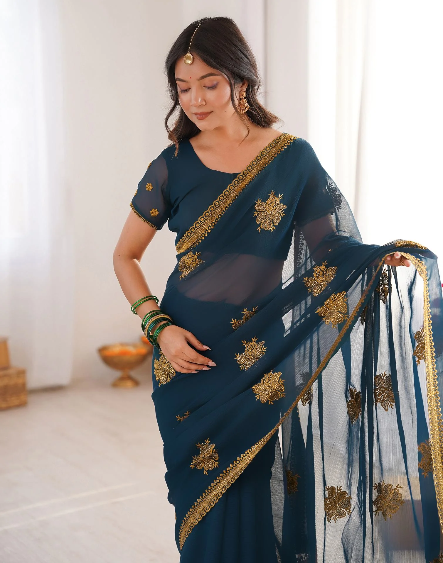 Rama Blue Georgette Embroidery Saree - Image 4