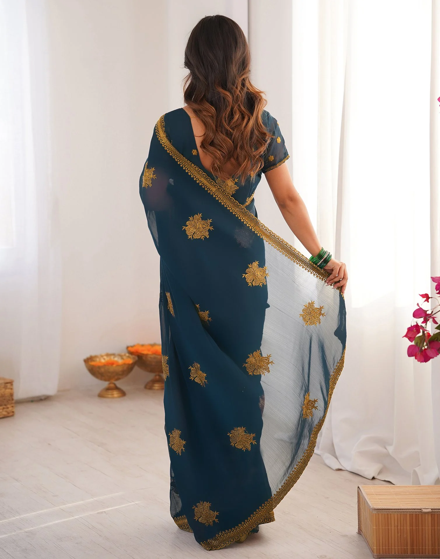 Rama Blue Georgette Embroidery Saree - Image 7