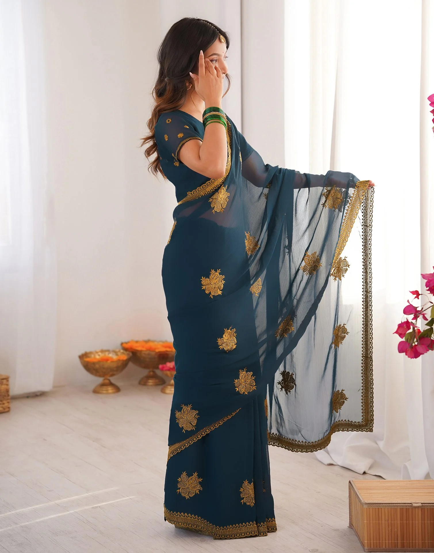 Rama Blue Georgette Embroidery Saree - Image 8