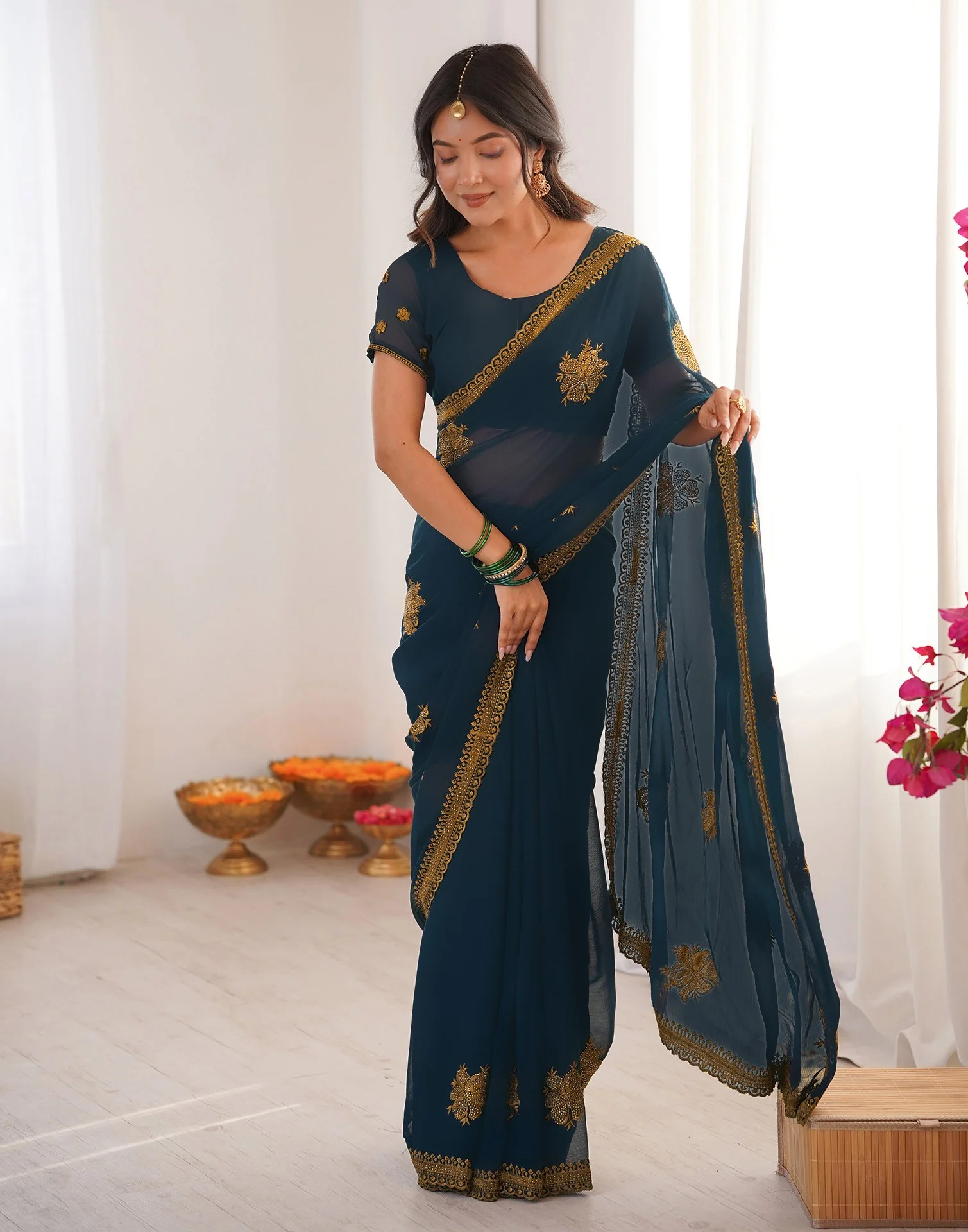 Rama Blue Georgette Embroidery Saree - Image 9