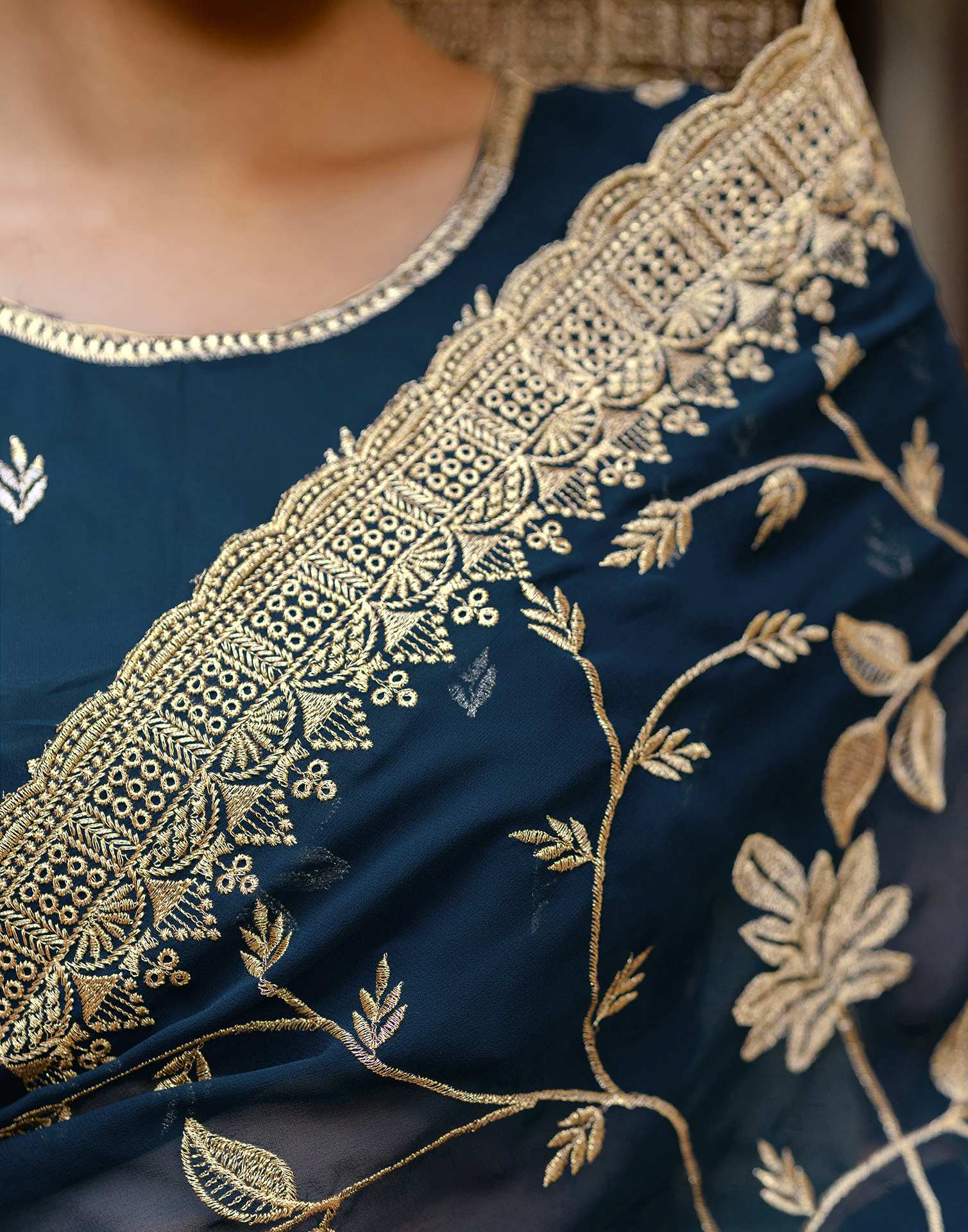 Rama Blue Georgette Embroidery Saree - Image 12