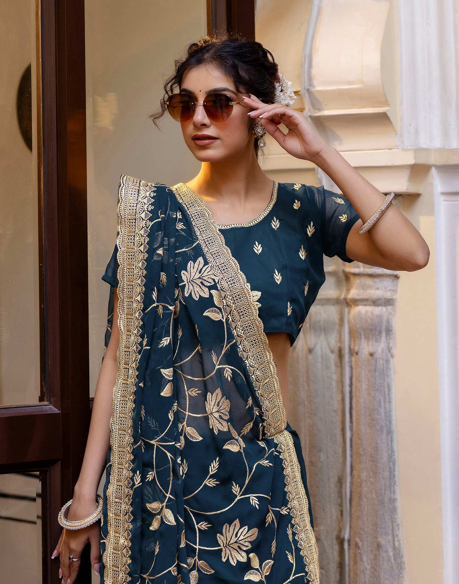 Rama Blue Georgette Embroidery Saree - Image 4
