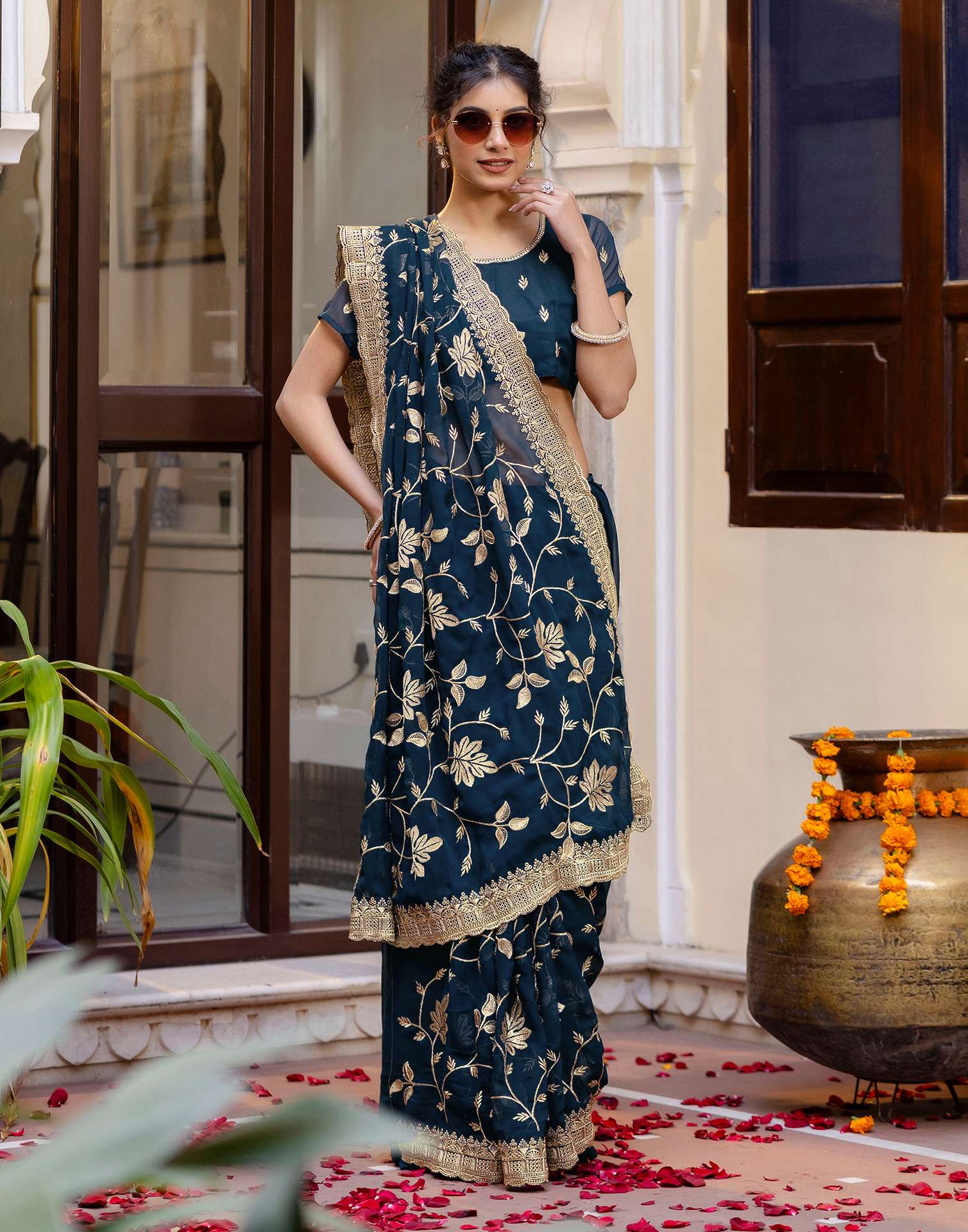 Rama Blue Georgette Embroidery Saree - Image 8