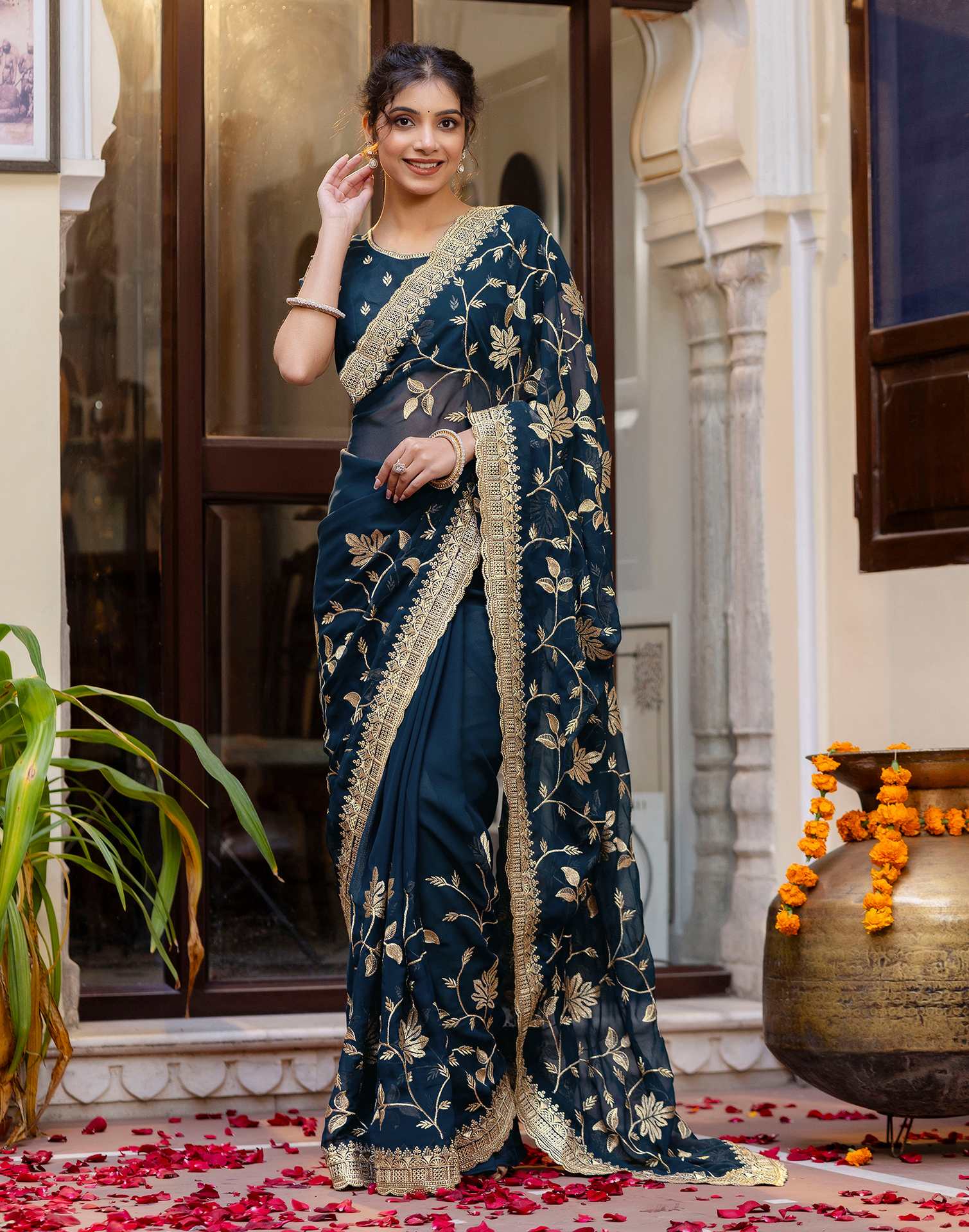 Rama Blue Georgette Embroidery Saree - Image 9