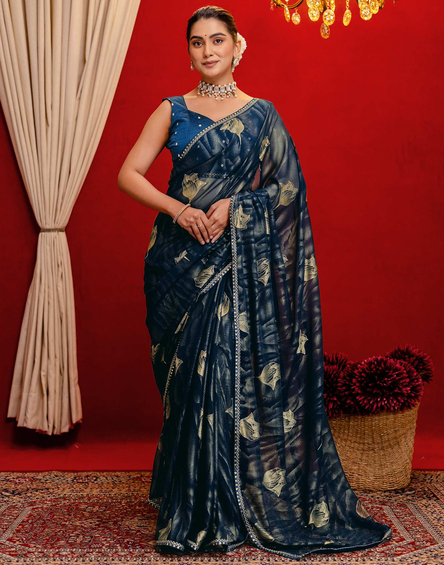 Rama Blue Georgette Foil Printed Lace Saree