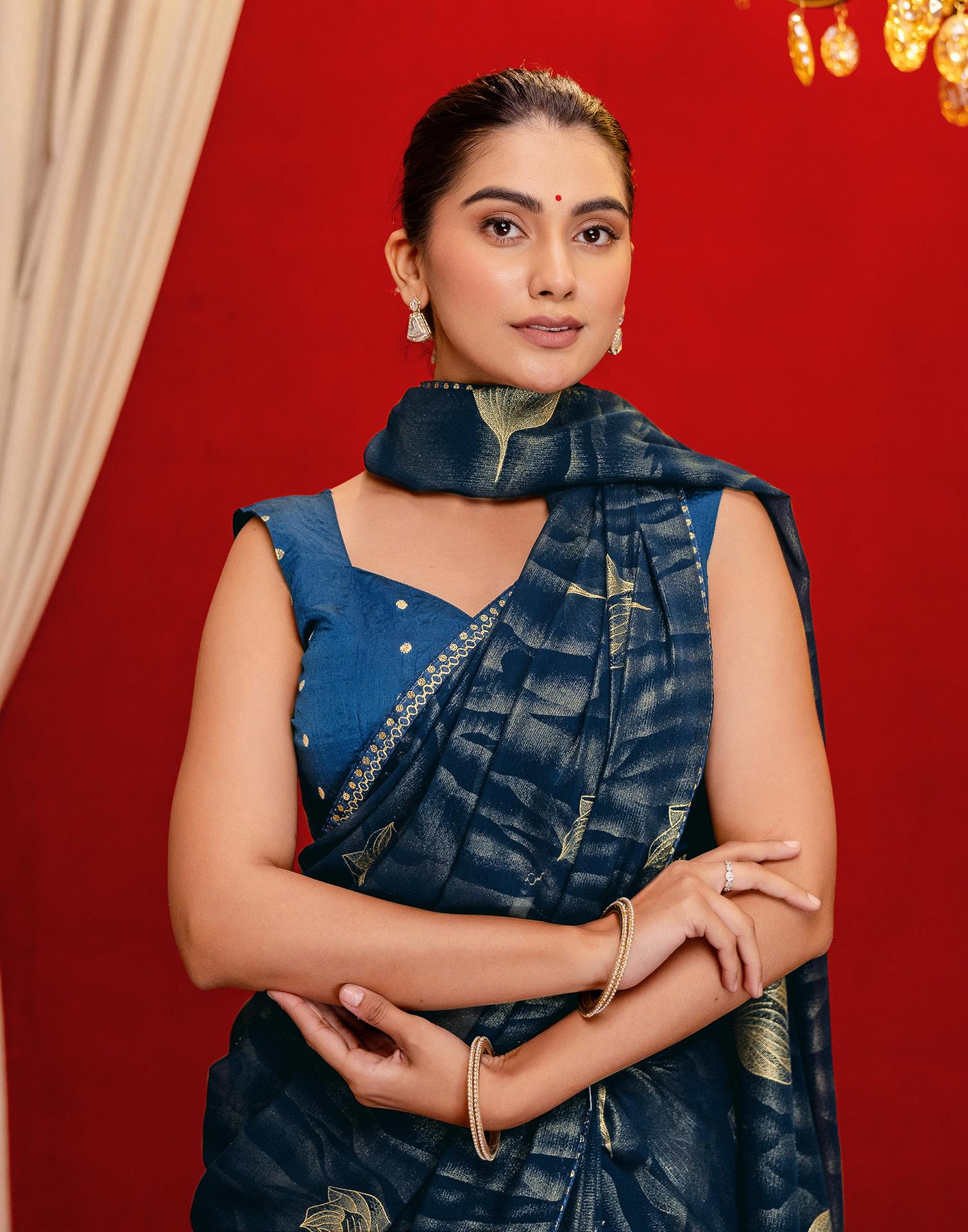 Rama Blue Georgette Foil Printed Lace Saree - Image 10