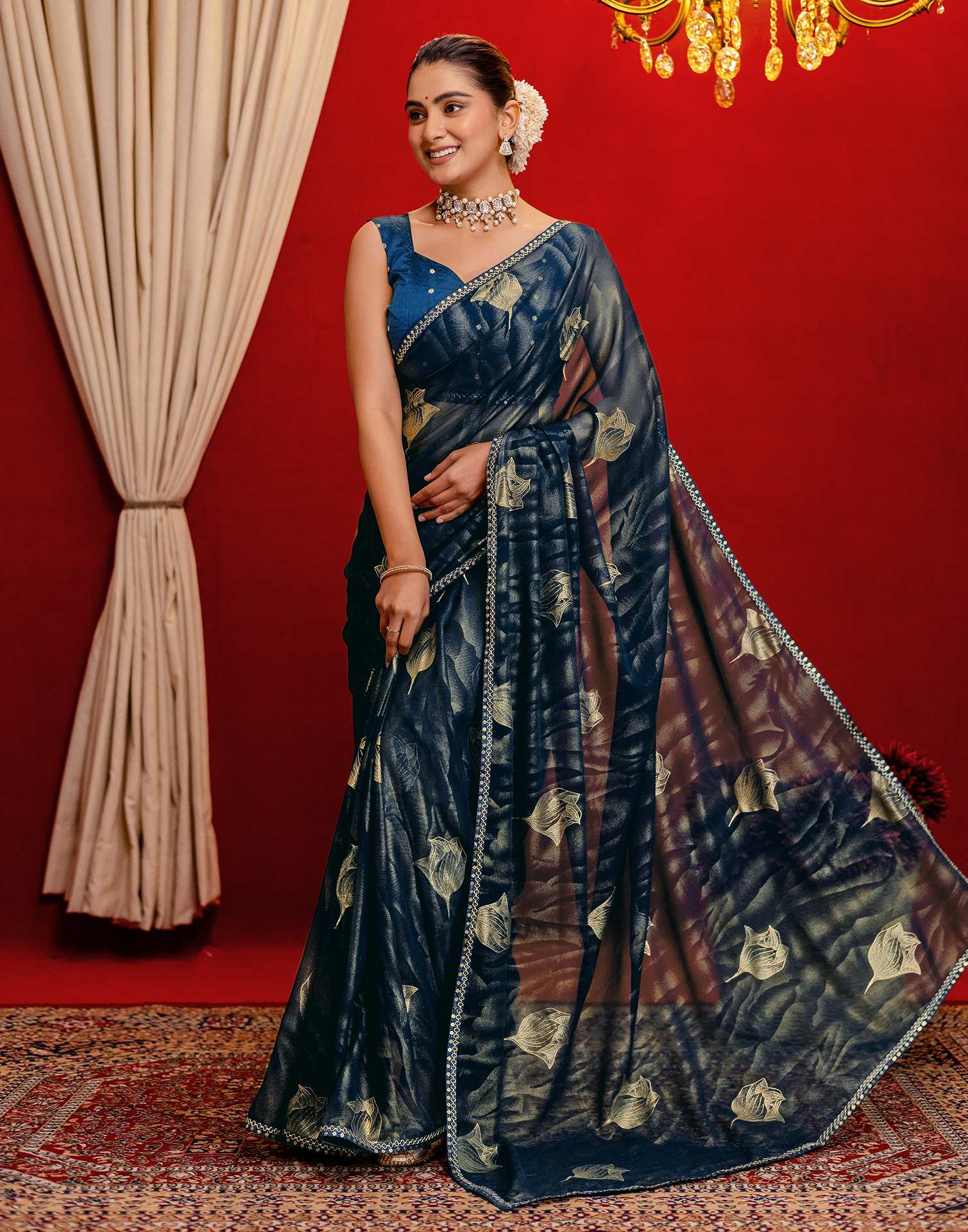 Rama Blue Georgette Foil Printed Lace Saree - Image 4