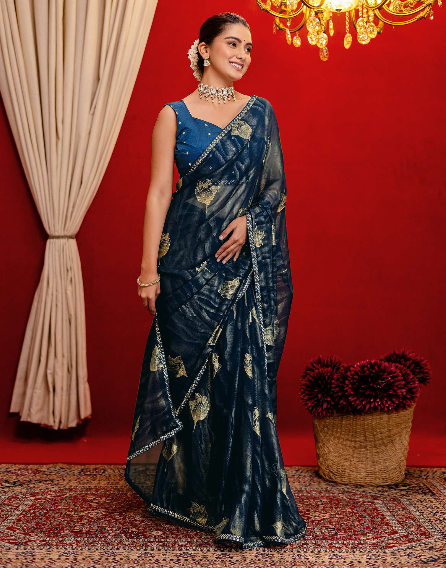 Rama Blue Georgette Foil Printed Lace Saree - Image 5