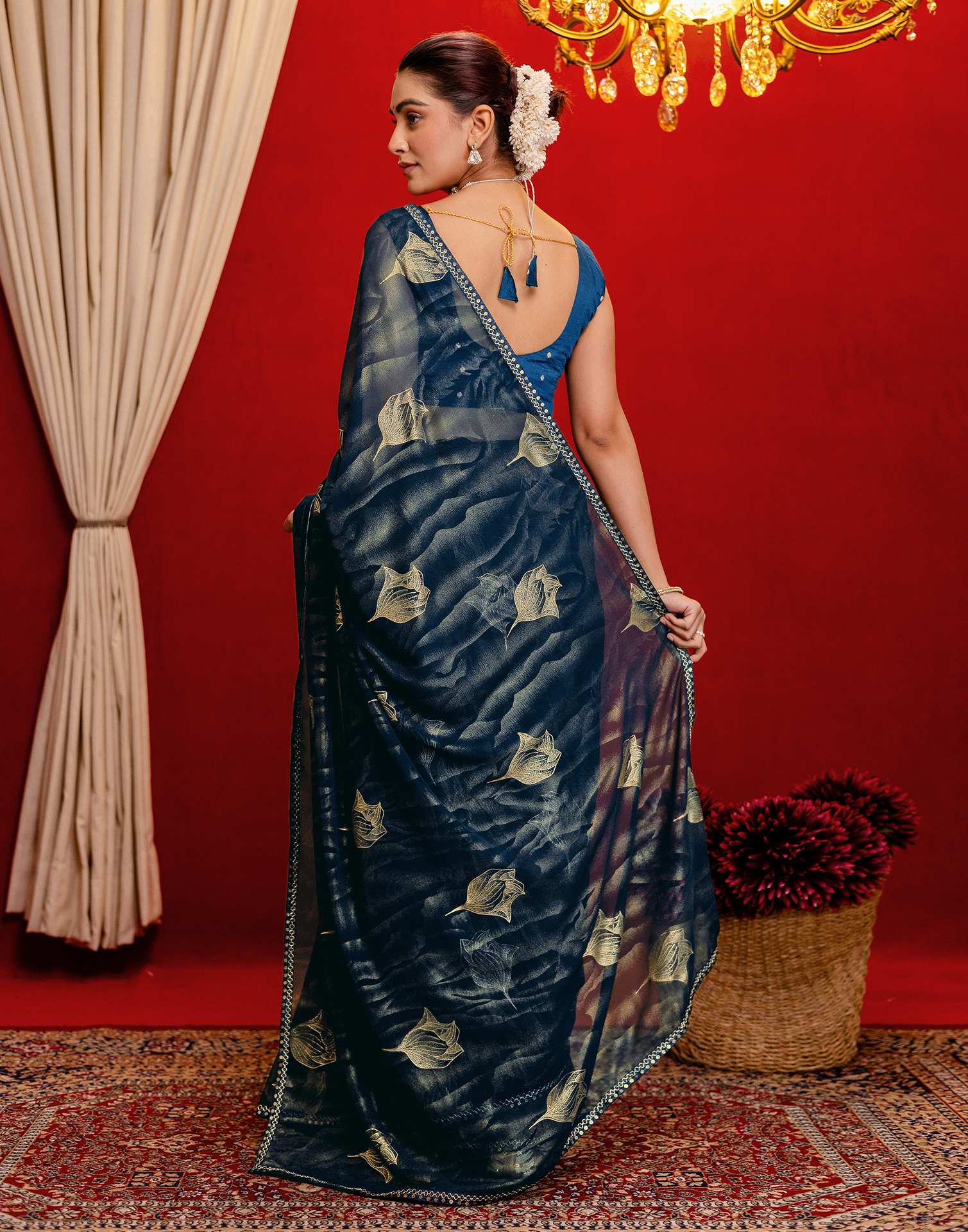 Rama Blue Georgette Foil Printed Lace Saree - Image 6