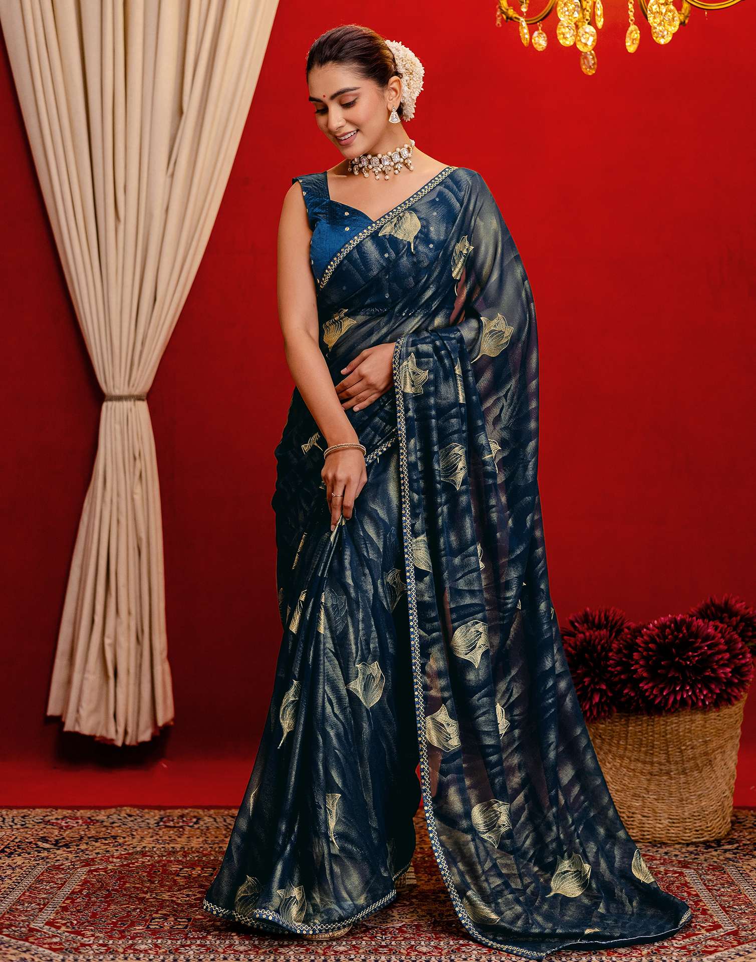 Rama Blue Georgette Foil Printed Lace Saree - Image 8