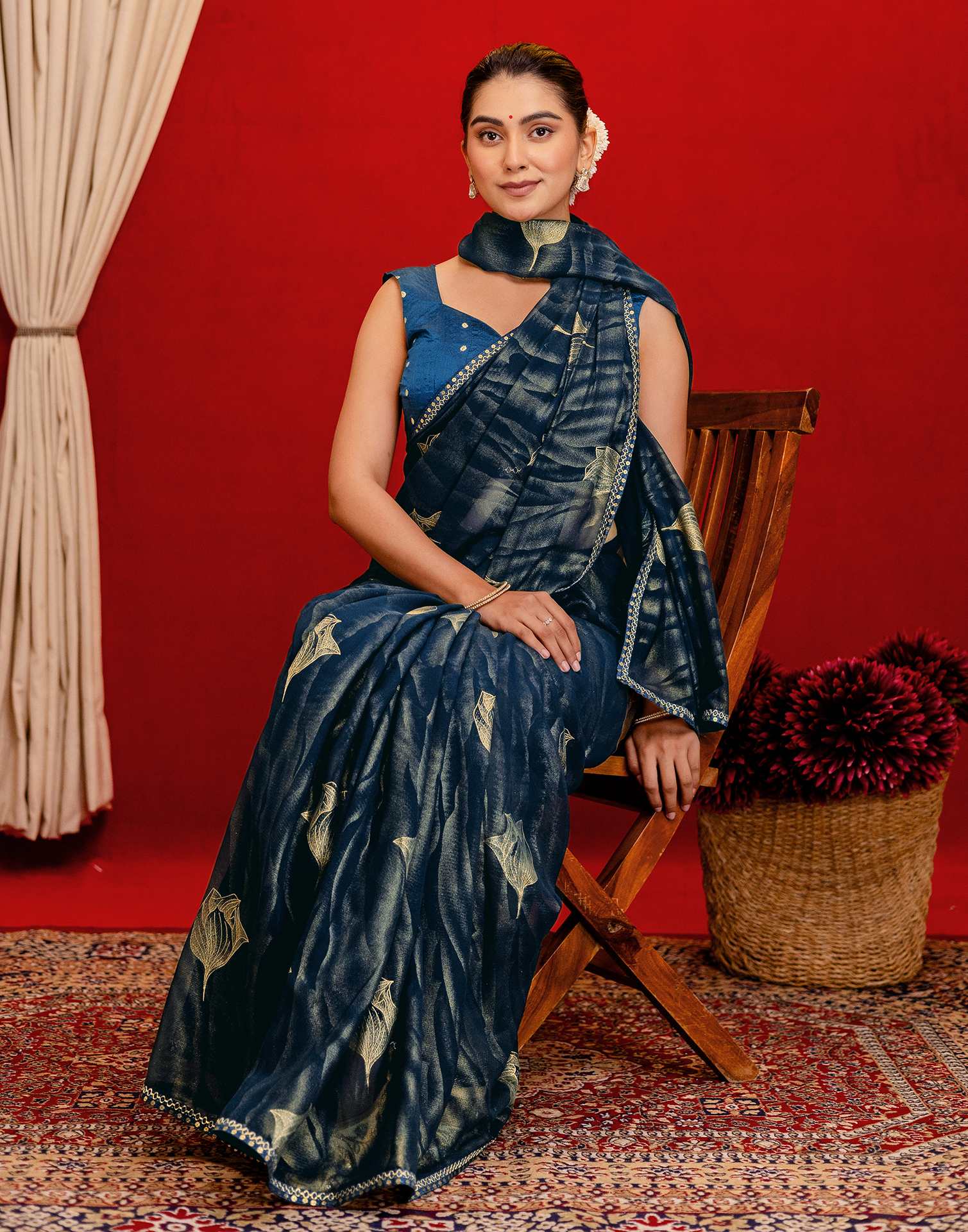 Rama Blue Georgette Foil Printed Lace Saree - Image 9