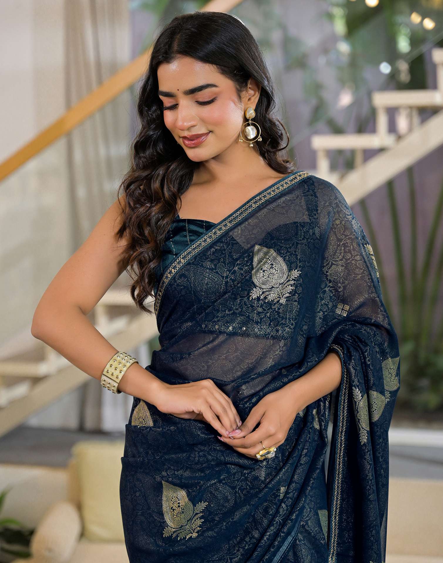 Rama Blue Georgette Foil Printed Lace Saree - Image 2