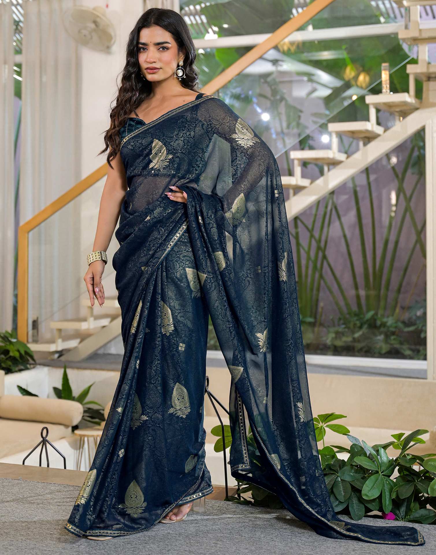Rama Blue Georgette Foil Printed Lace Saree - Image 4
