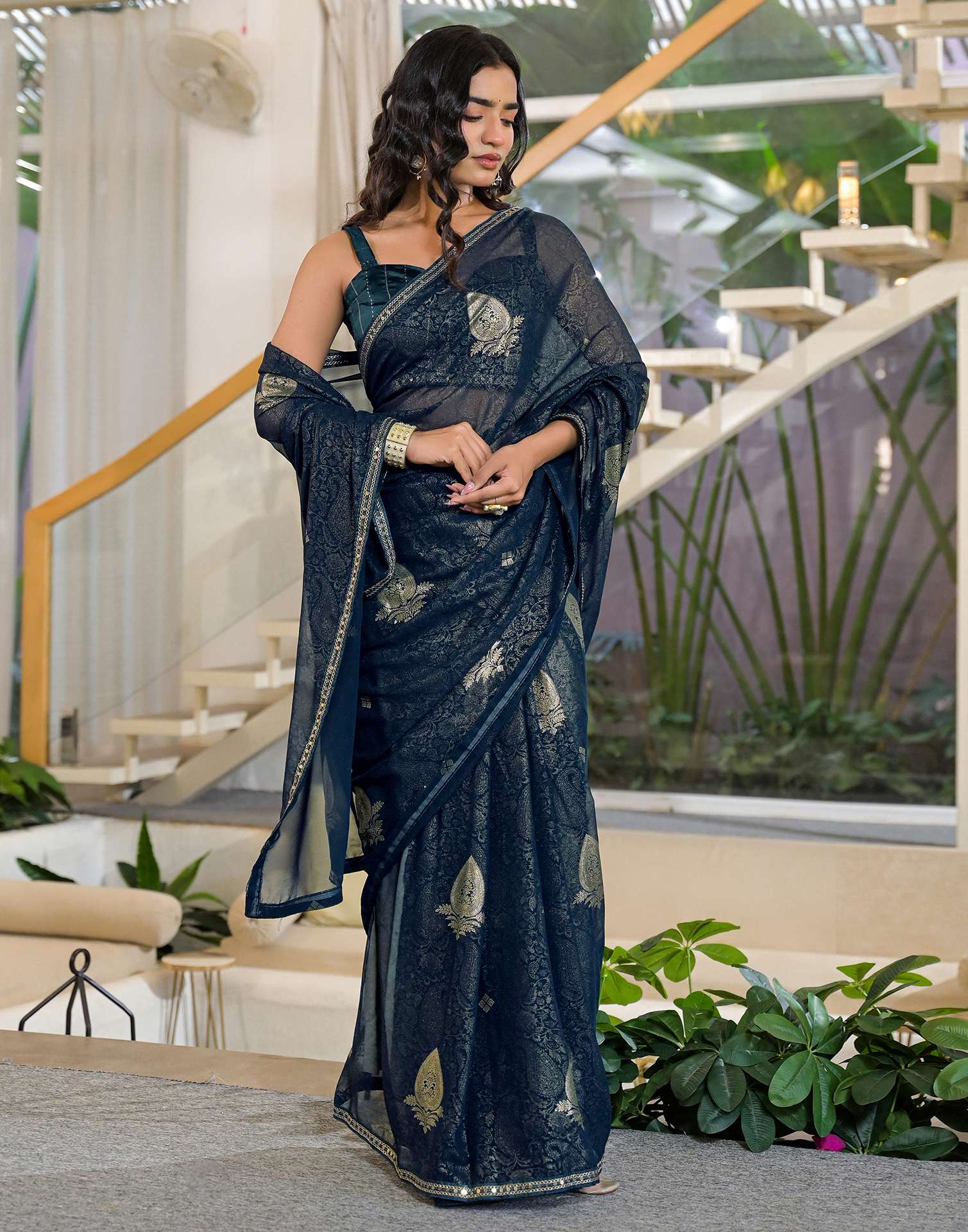 Rama Blue Georgette Foil Printed Lace Saree - Image 5