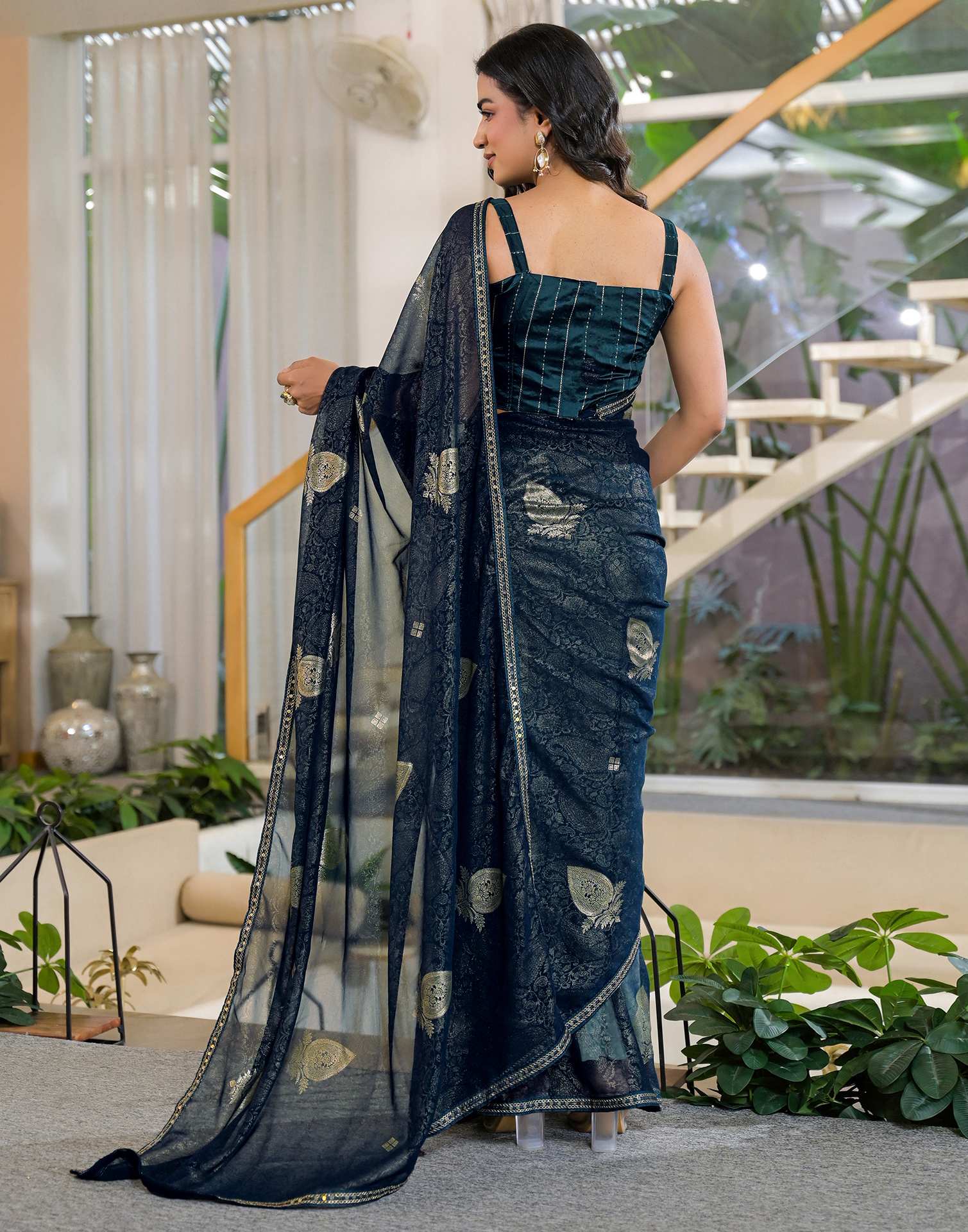 Rama Blue Georgette Foil Printed Lace Saree - Image 6