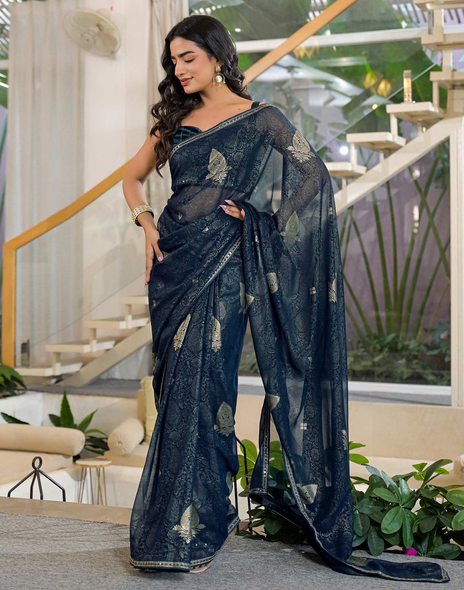 Rama Blue Georgette Foil Printed Lace Saree - Image 7