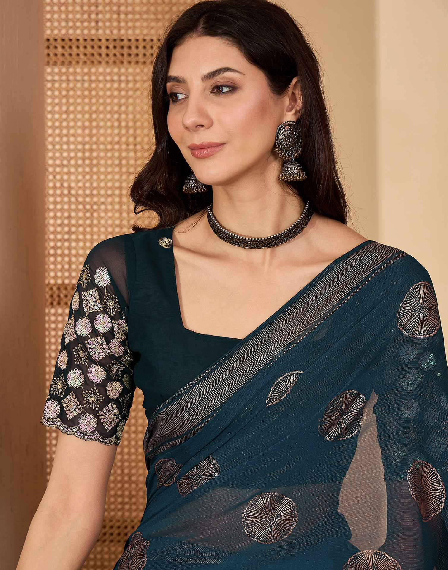 Rama Blue Georgette Foil Printed Saree - Image 2