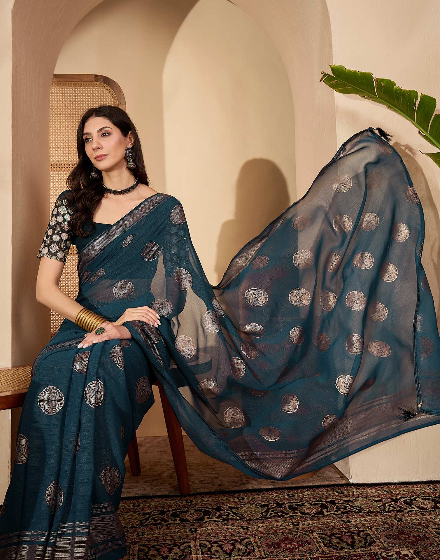 Rama Blue Georgette Foil Printed Saree - Image 4