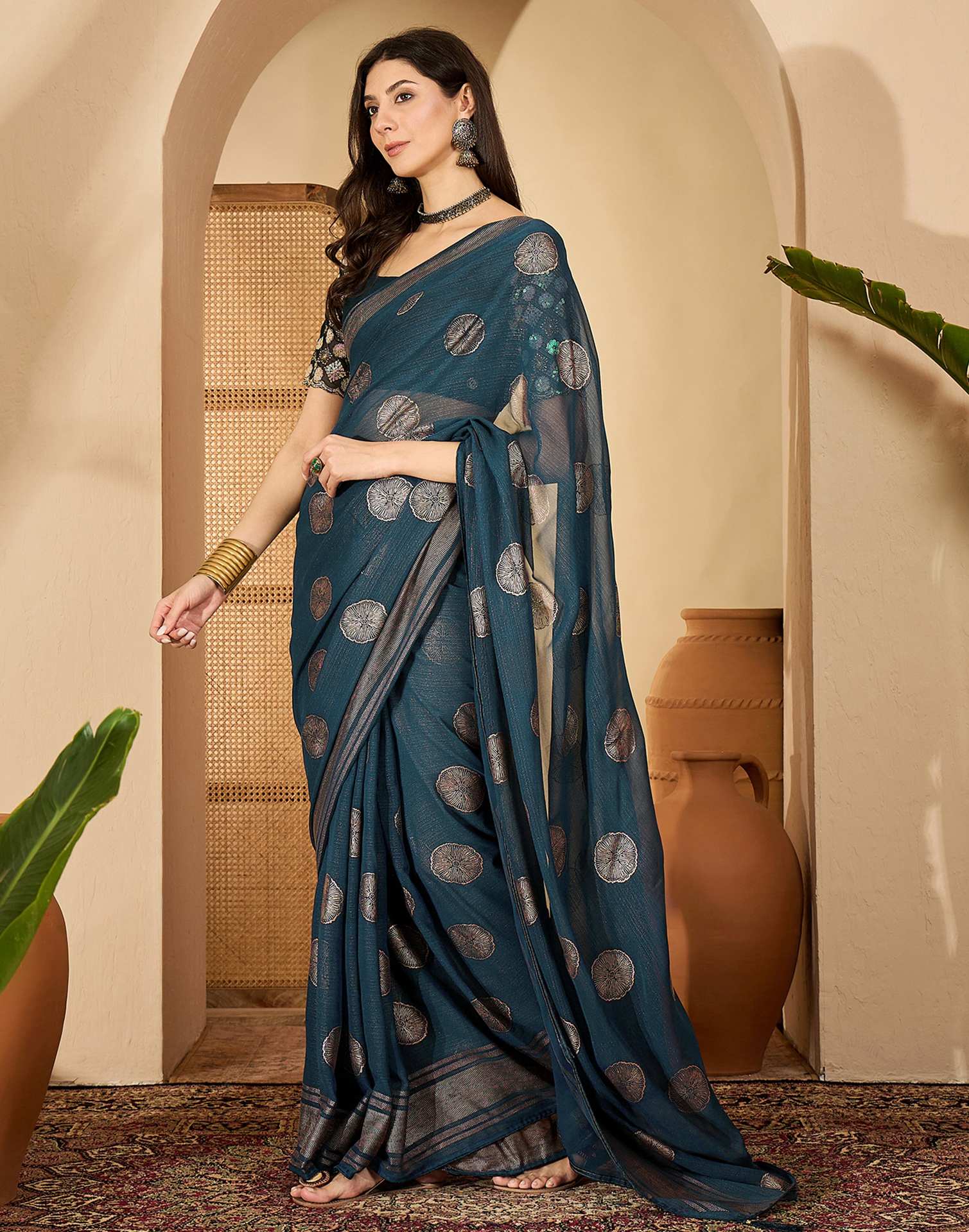 Rama Blue Georgette Foil Printed Saree - Image 5