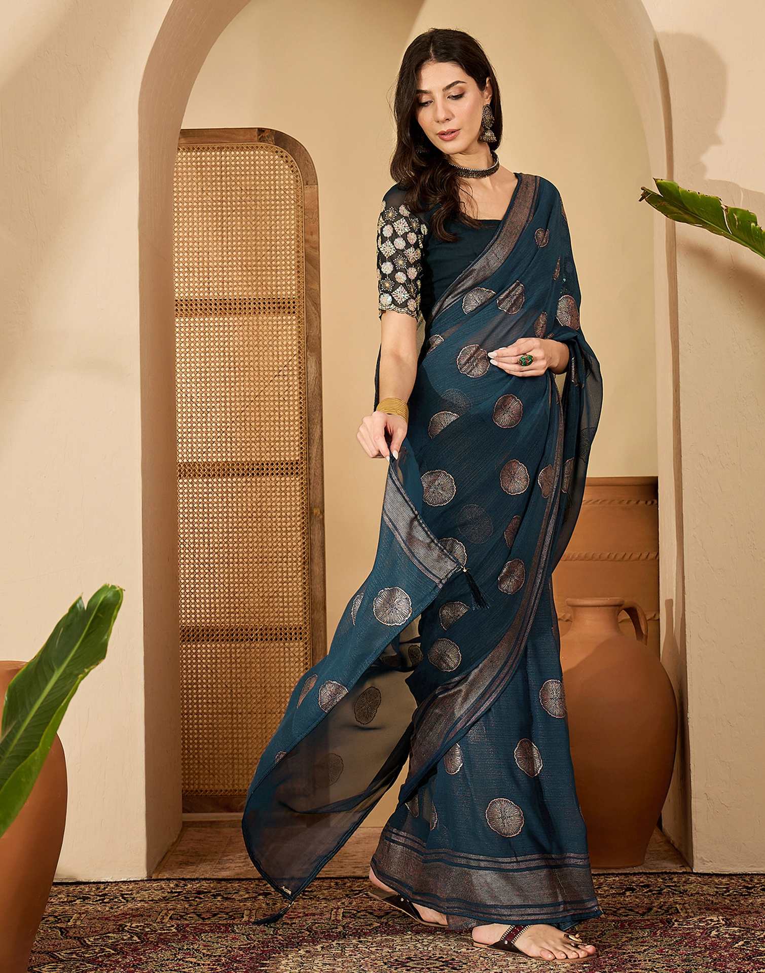 Rama Blue Georgette Foil Printed Saree - Image 6